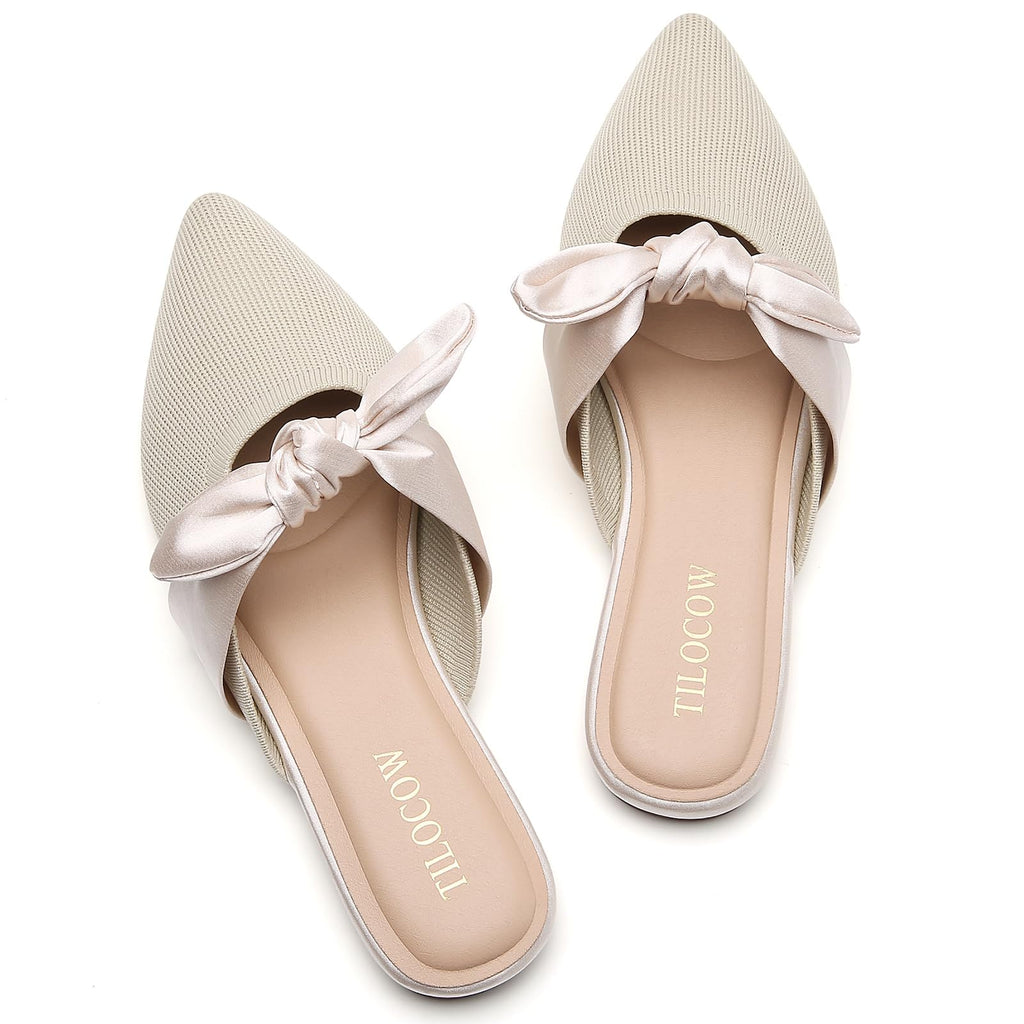 Knotbow Mules for Woman Pointed Toe Flats Bow Mules Slip On Slides Flats Shoes Women Dressy Comfortable