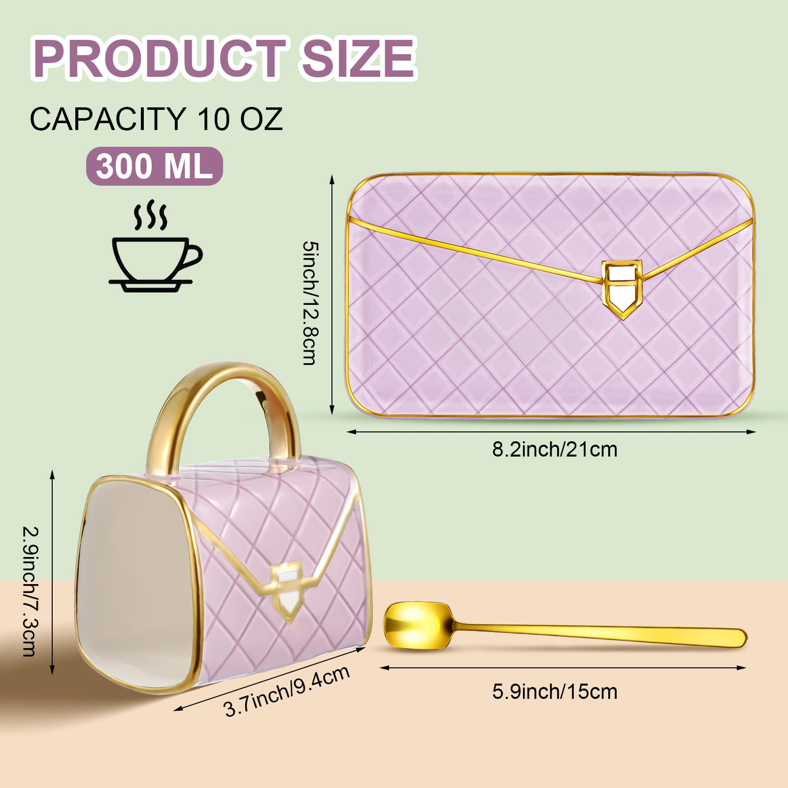 Set Coffee Mug Elegant Handbag Shaped Cup Modern Ceramic Purse Mug with Spoon and Saucer, 10oz Cute Creative Tea Cup