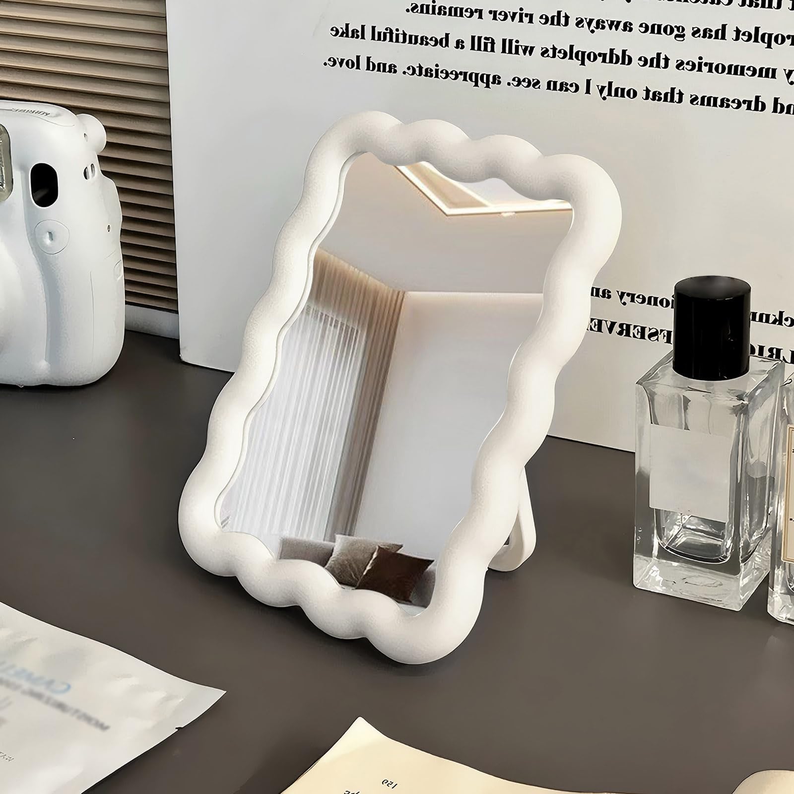 Wave Shaped Table Desk Vanity Makeup Mirror Portable Folding Cute Travel Make Up Mirror for Standing Hanging 6.7X5.3 Inch