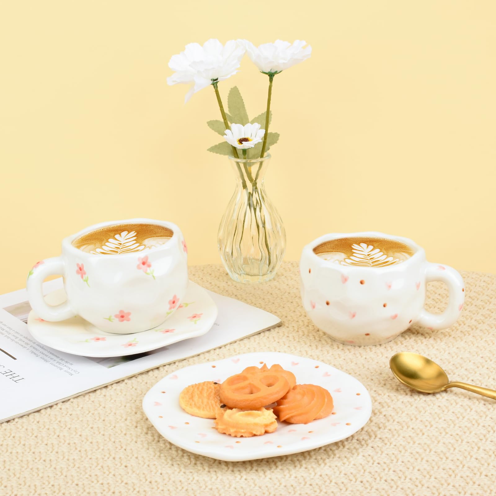 Ceramic Coffee Mug with Saucer Set, Cute Creative Cup Unique Irregular Design, 10 oz/300 ml