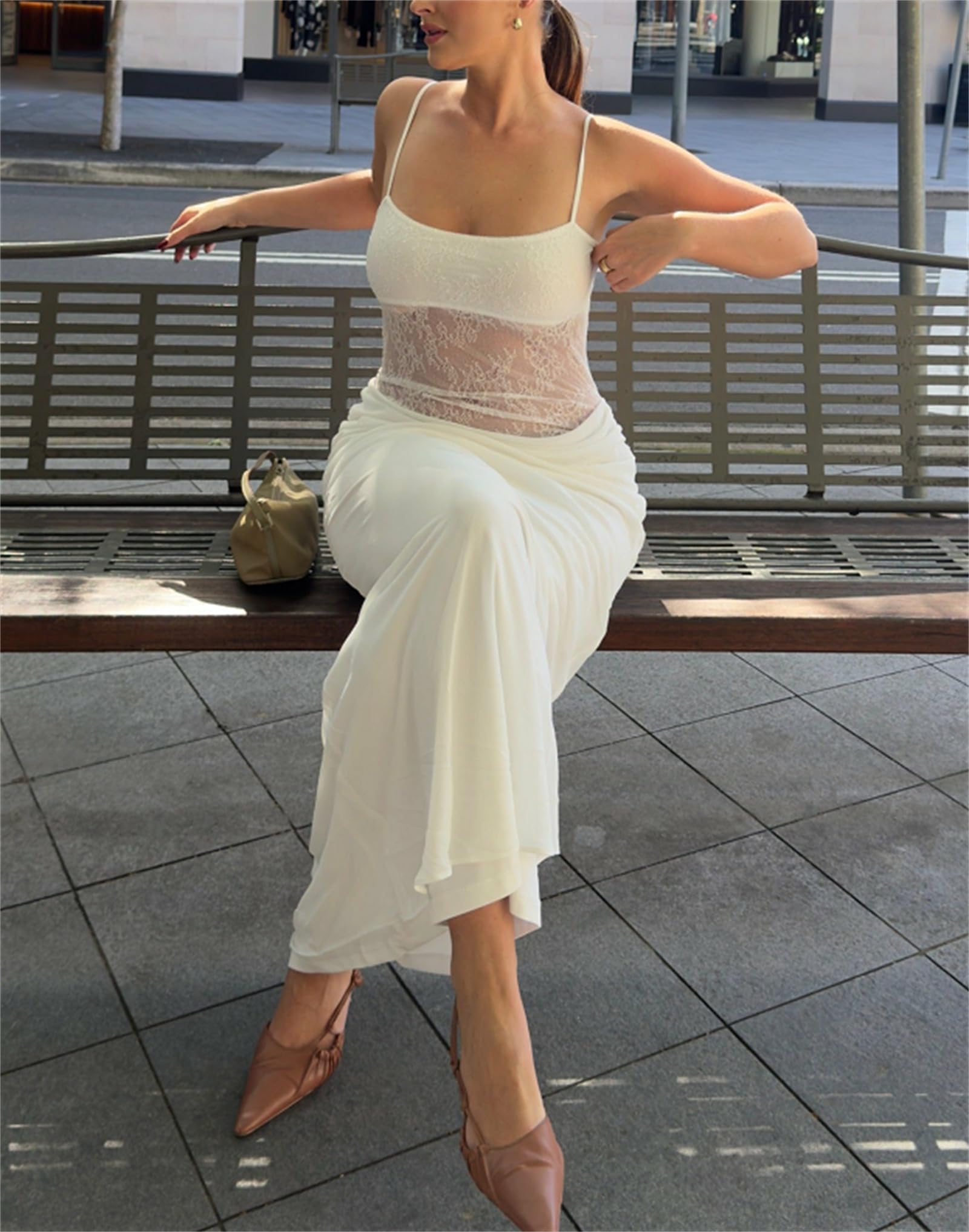 Women Sexy Hollow Out Maxi Dress Sleeveless Backless Lace Pachwork Bodycon Long Dress Y2k Dress