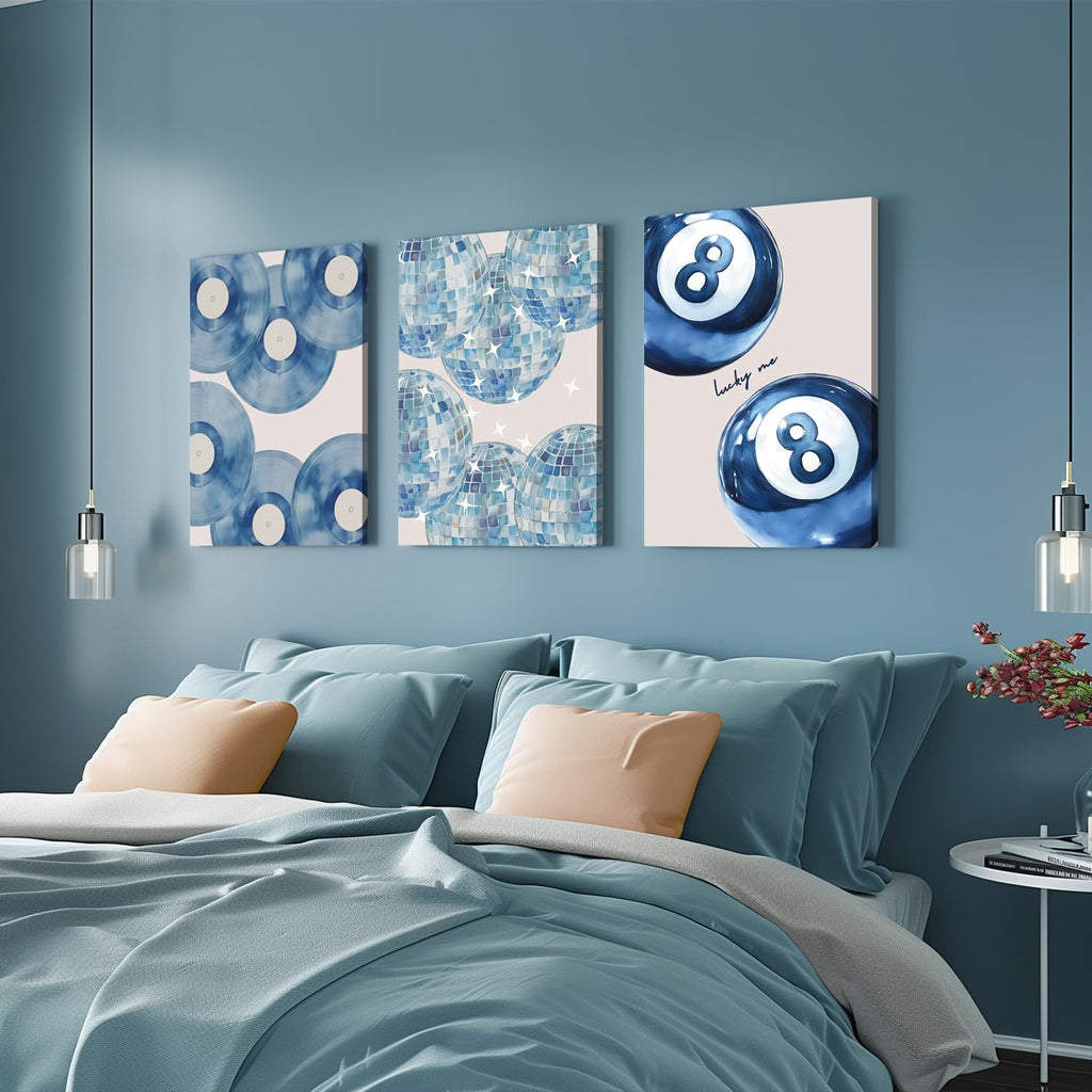 Trendy Blue Wall Art Set of 3, Preppy Navy Blue Wall Decor, Coquette Disco Lucky Me 8 Ball Poster Canvas Prints Aesthetic Pictures Room Dorm