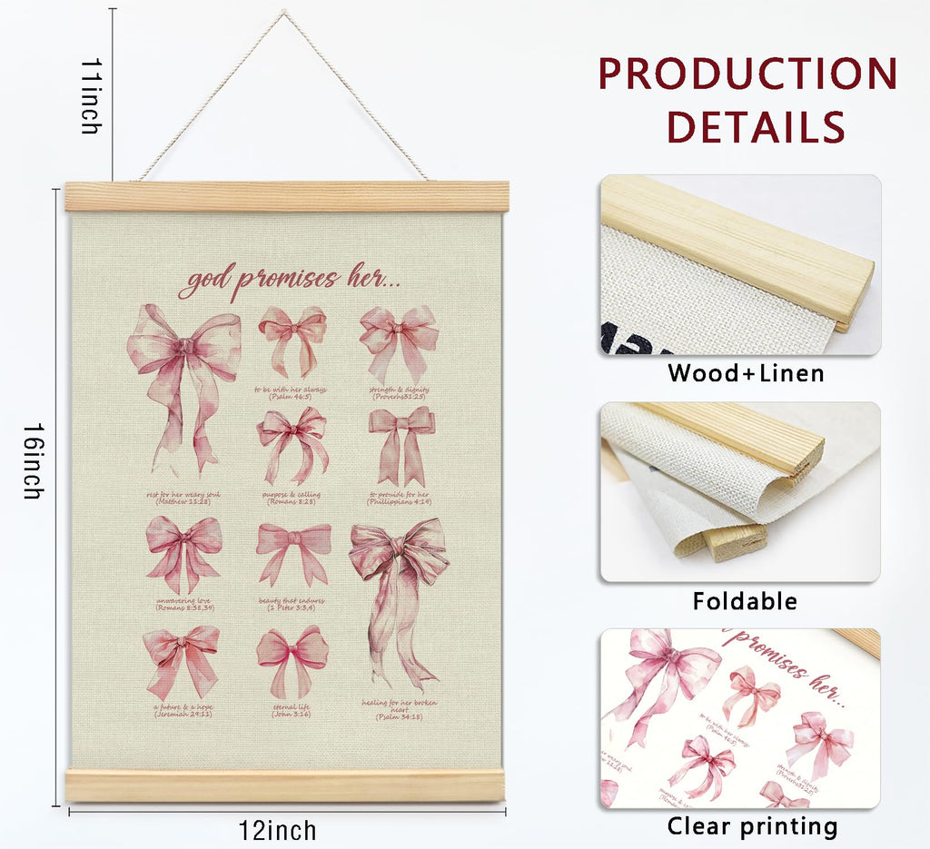 Trendy Bows Pink Coquette Scripture Wall Art Poster Hanger Frame, Christian Bible Verses Posters Wall Art Decor