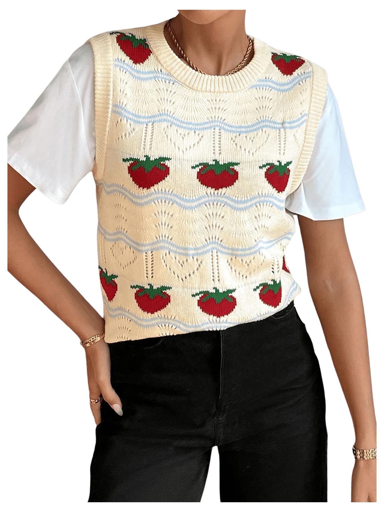 Women's Strawberry Crew Neck Sleeveless Sweater Vest Knit Cute Knitwear