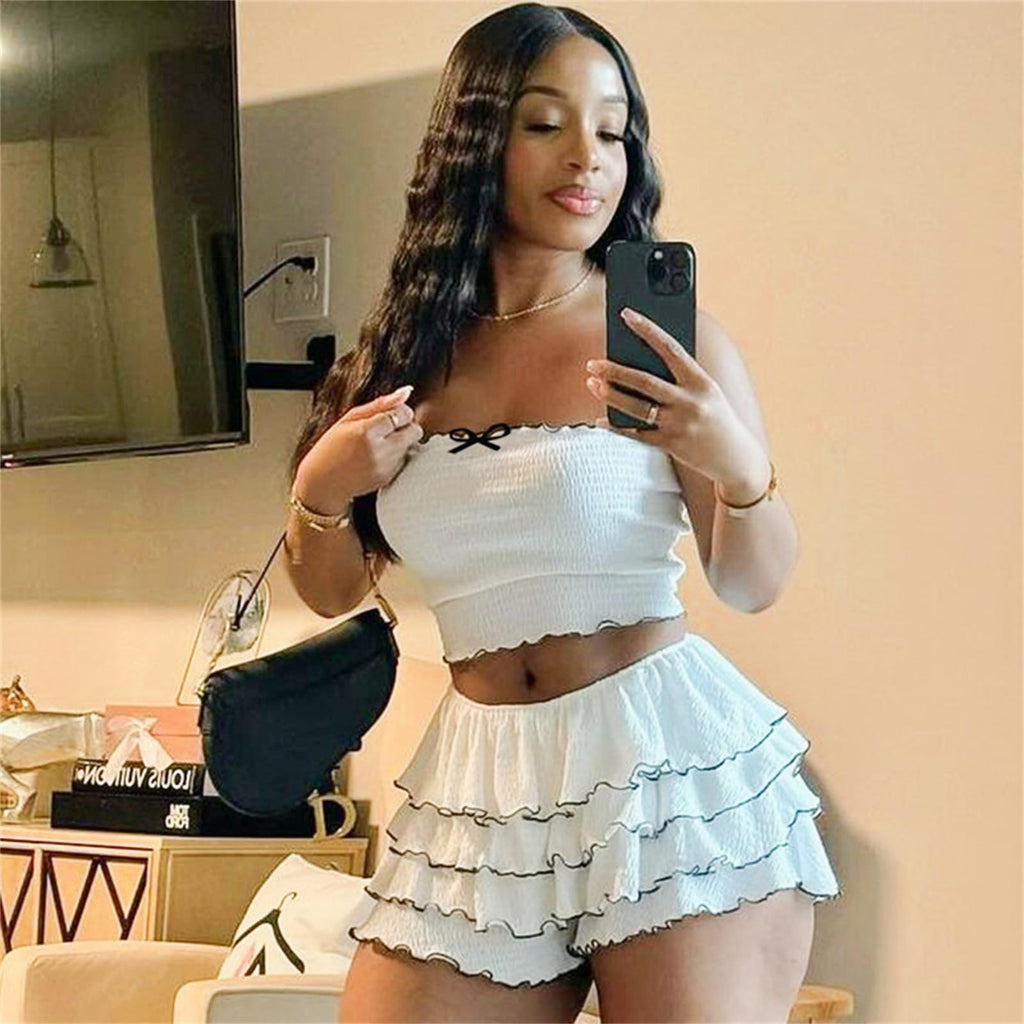 Women 2 Piece Skirt Sets Sexy Ruffle Ruched Tube Crop Tops Layer Pleated Flowy Mini Skort Skirts Y2K Clothes