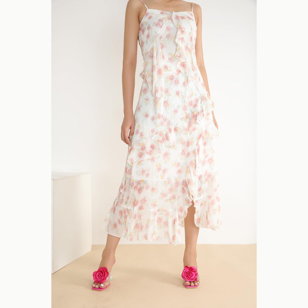 Women Flowers High Heels Mules Sandals Square Toe Slip On Sandals