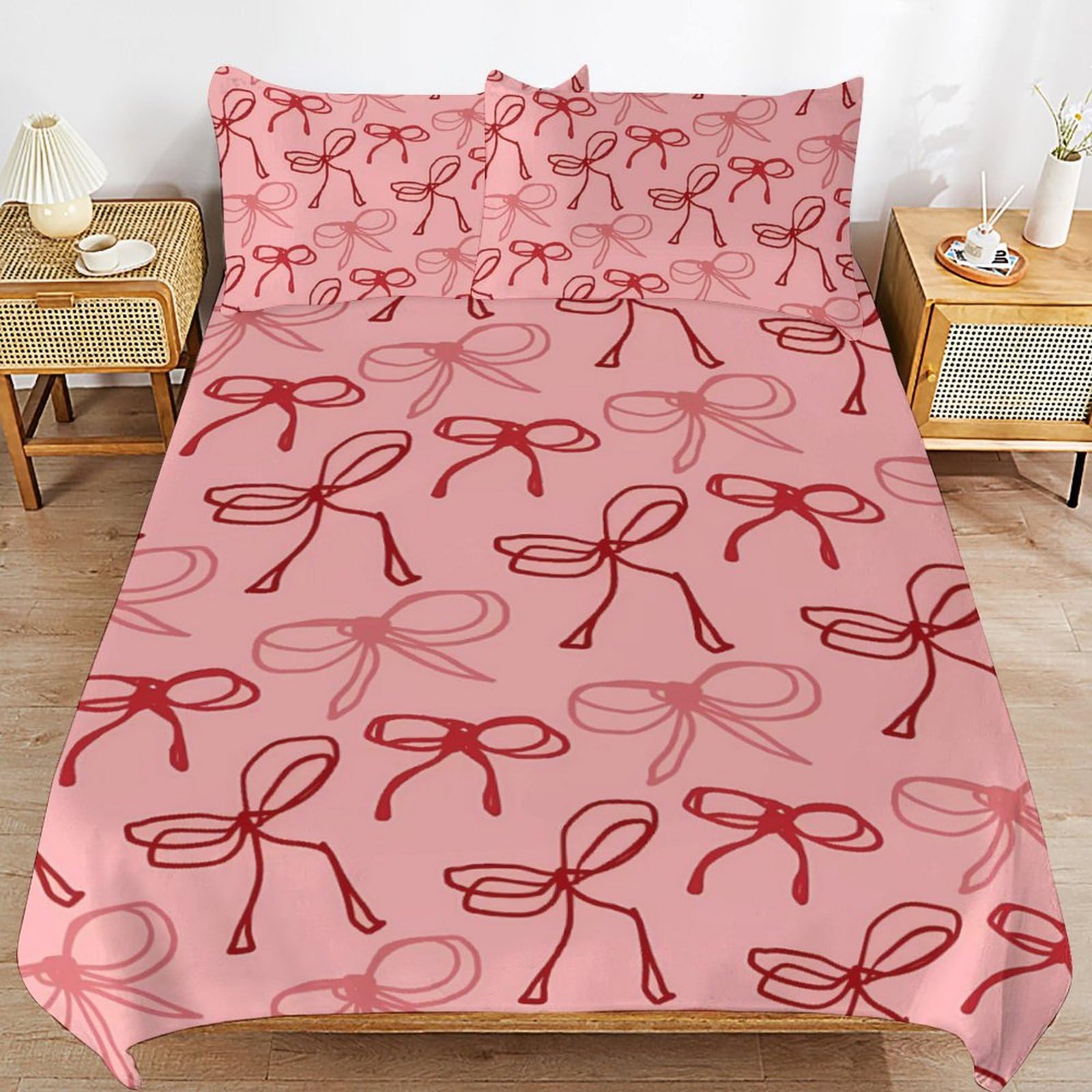 Pink Red Bow Comforter Set Duvet Cover Quilt Cover Set Ultra Soft Bed Cover (1 Duvet Cover+2 Pillowcases)