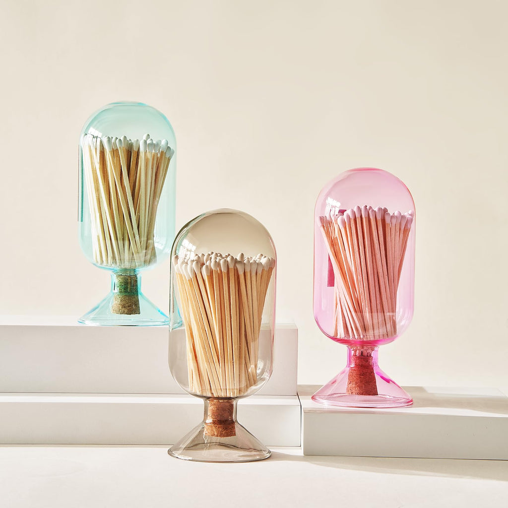 Includes 100 Match Sticks Glass Match Cloche with Striker - with Cork Stopper - 6.7" H X 3"