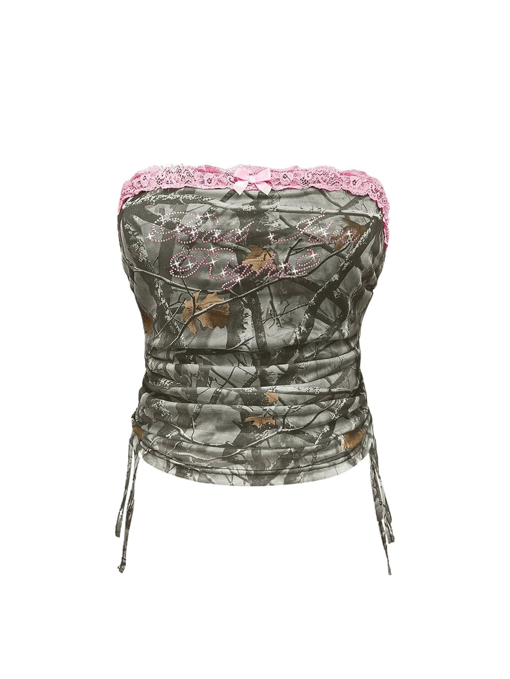 Women's Rhinestone Y2k Ruched Camo Bow Top Coquette Lace Tube Tops Cute Bandeau