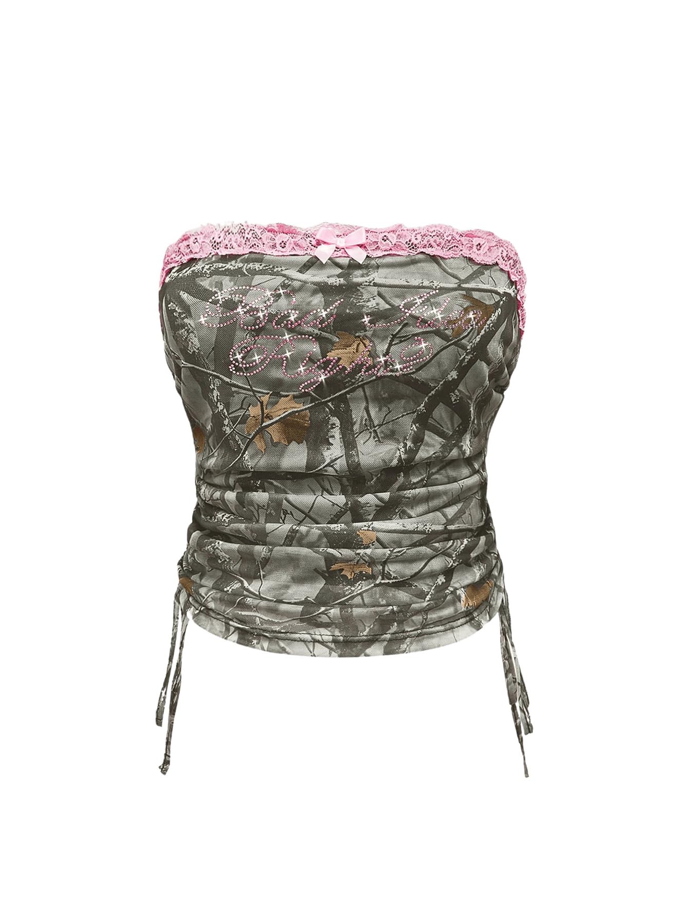 Women's Rhinestone Y2k Ruched Camo Bow Top Coquette Lace Tube Tops Cute Bandeau