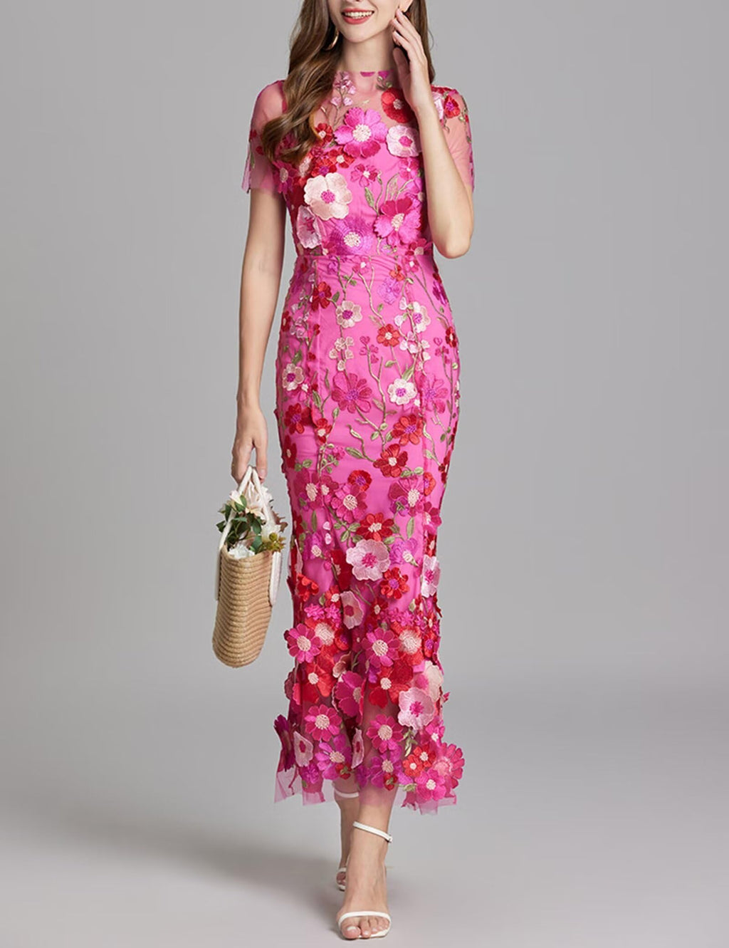 Women's 3D Floral Embroidery Dress Sheer Mesh Round Neck Lace Bodycon Party Cocktail Maxi Dress Short Sleeves