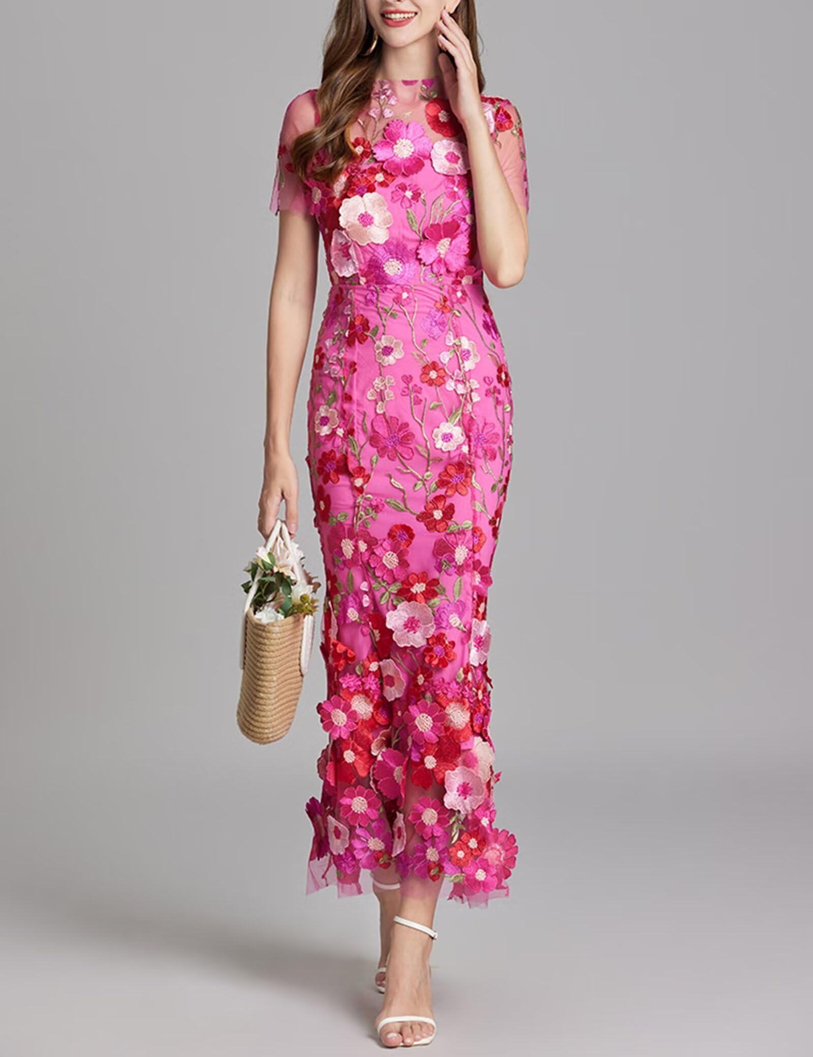 Women's 3D Floral Embroidery Dress Sheer Mesh Round Neck Lace Bodycon Party Cocktail Maxi Dress Short Sleeves