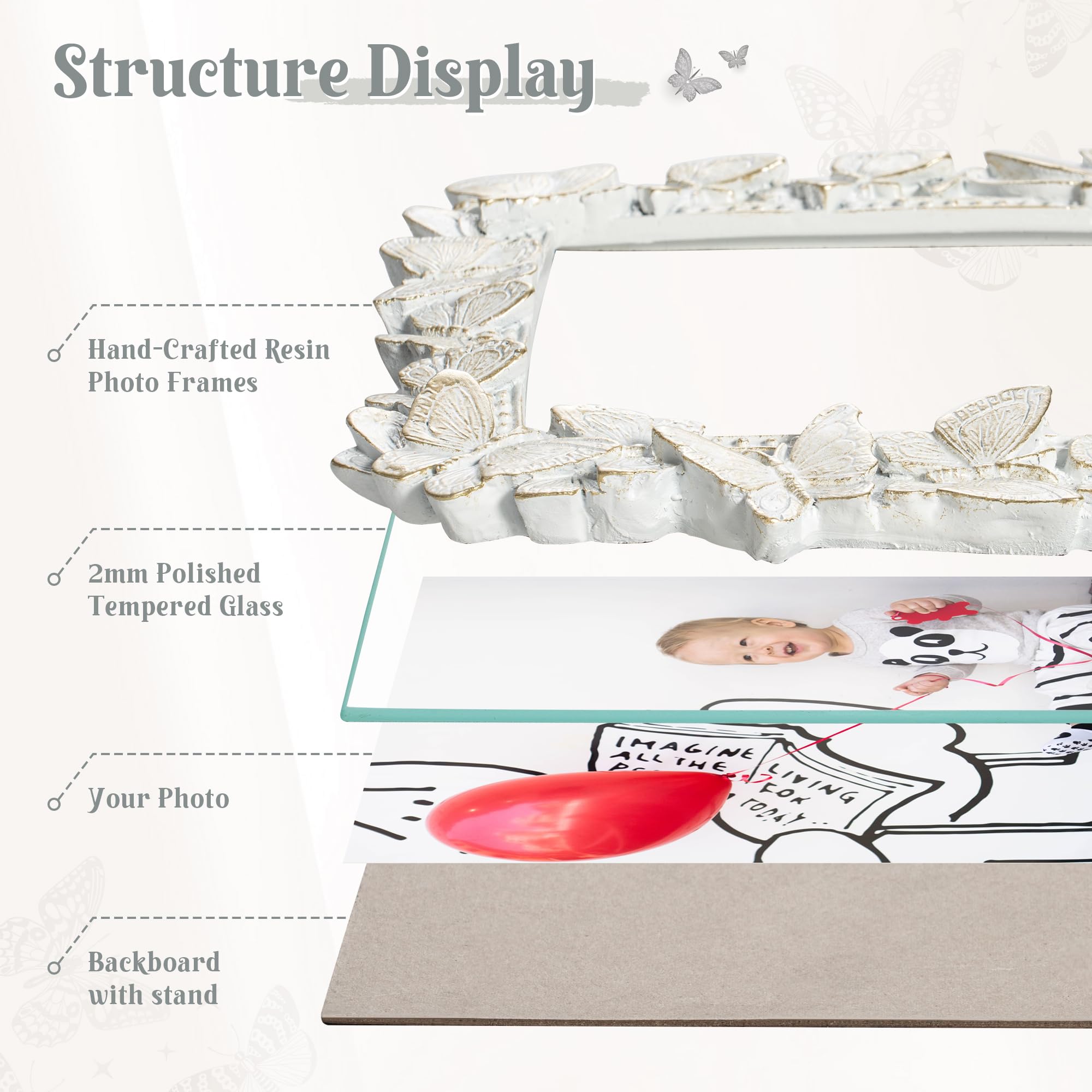Picture Frame with High Tempered Glass, Butterfly Textured Hand-Crafted Resin Cute Photo Frame with Easel & Hook for Tabletop & Wall Display
