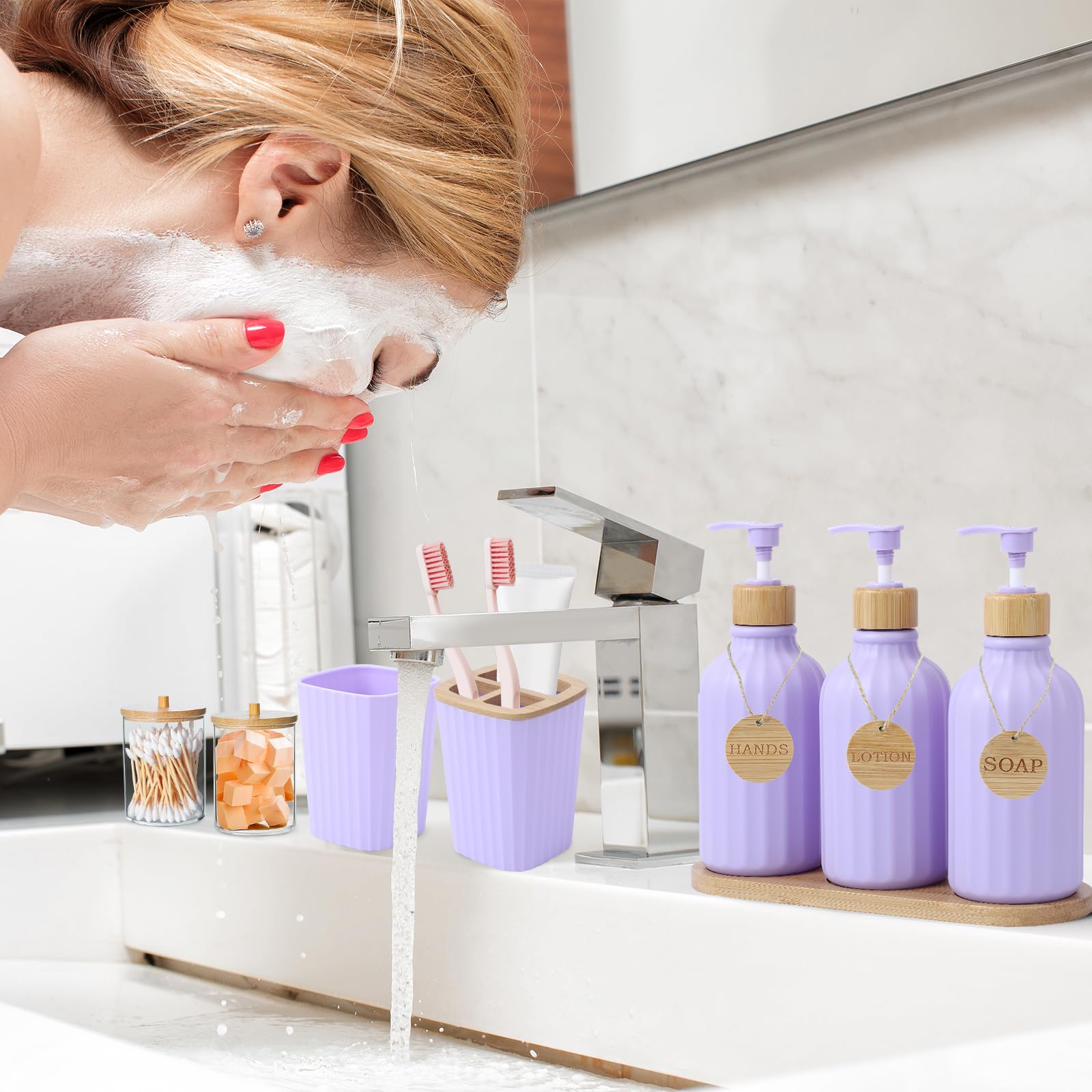 Simply Bathroom Accessories Set 17PCS Bathroom Set with Trash Can 3PCS Lotion Soap Dispenser, Toothbrush Holder, Soap Dish,Tumbler Cup, 6PCS Wood Tags Bath Accessories with Tray for Kitchen Bathroom