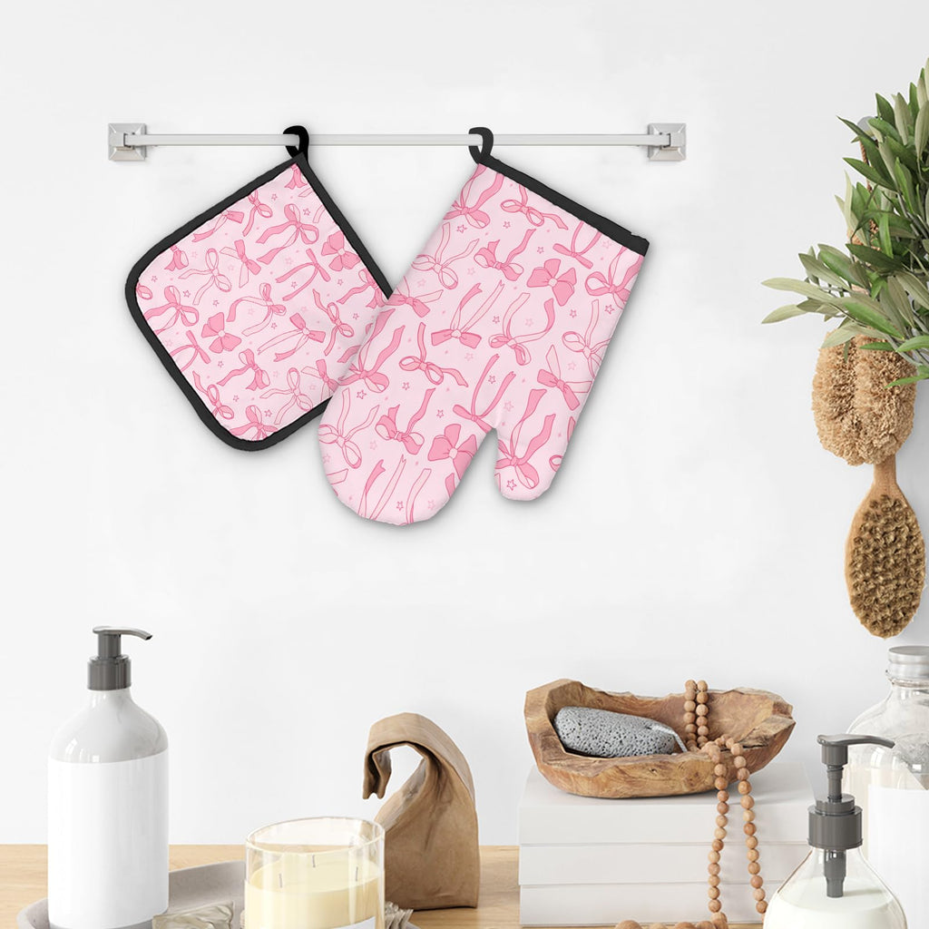 Pink Bow Coquette Decor Oven Mitts and Pot Holders Sets