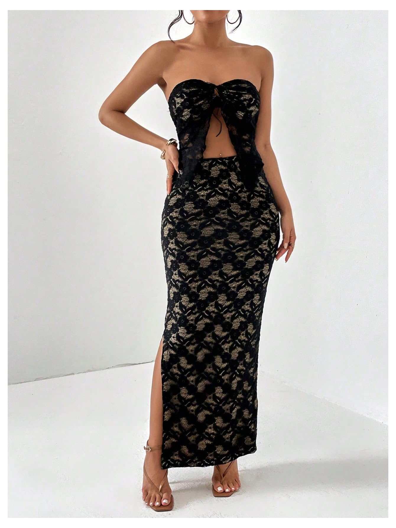 Women's 2 Piece Skirt Sets Lace Strapless Bandeau Tube Top and Bodycon Long Maxi Skirt Outfits