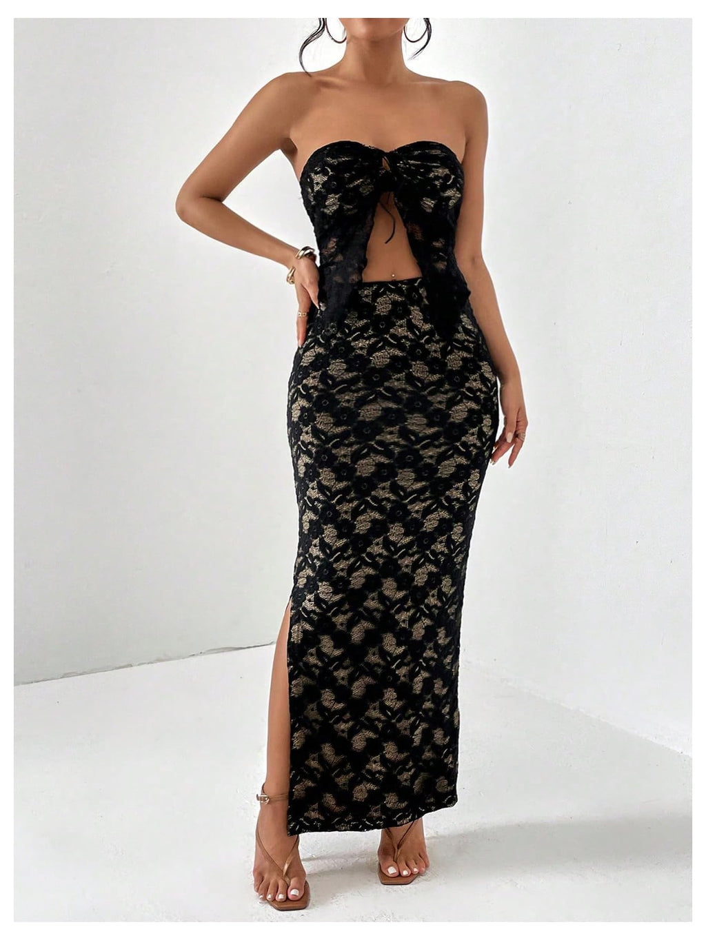 Women's 2 Piece Skirt Sets Lace Strapless Bandeau Tube Top and Bodycon Long Maxi Skirt Outfits