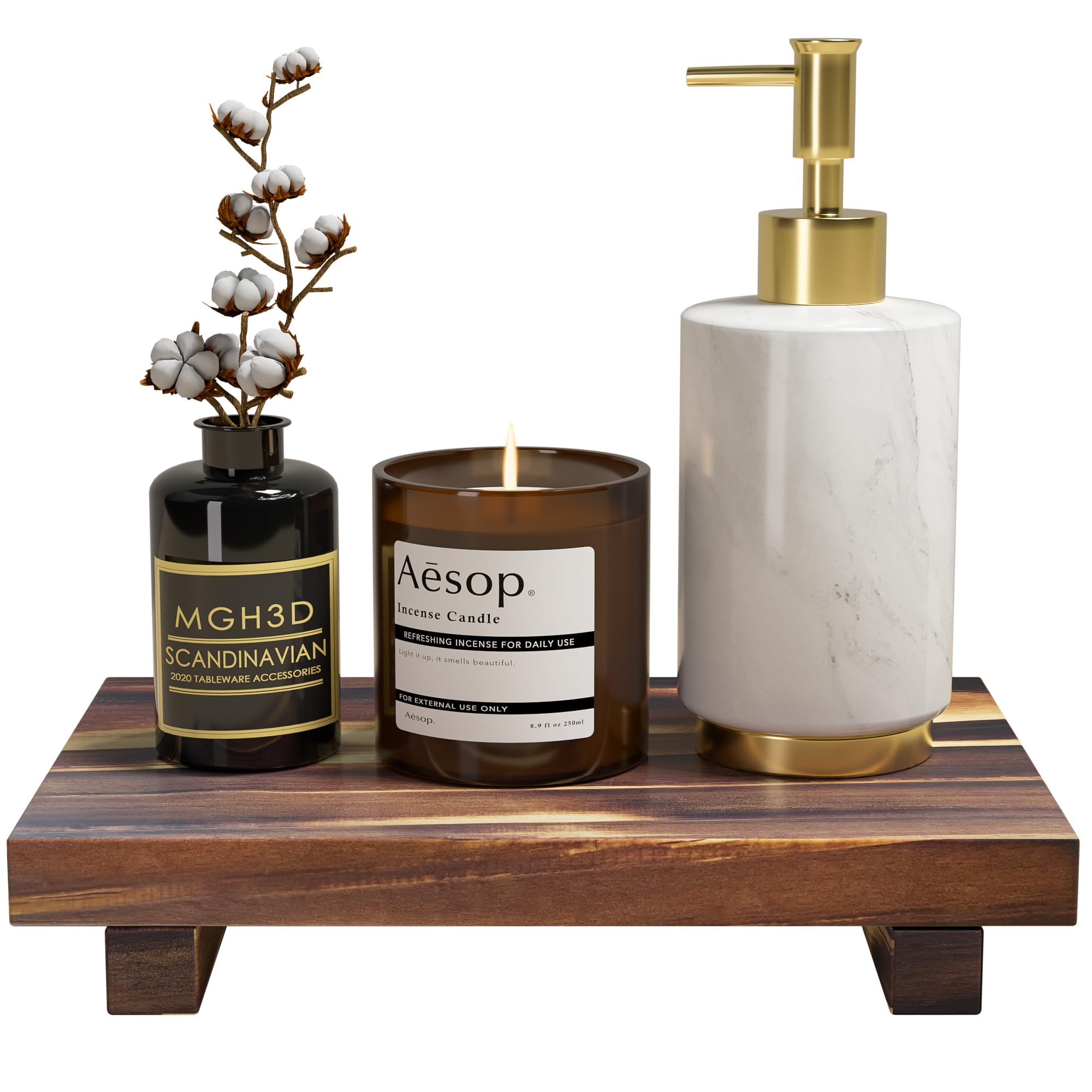 Tray Decor Bamboo Pedestal Stand Risers for Display Decorative, Sink Tray for Kitchen Decor and Accessories, Soap Dish Holder Kitchen Counter Tray 8.7" x 3.5" x 1.6"