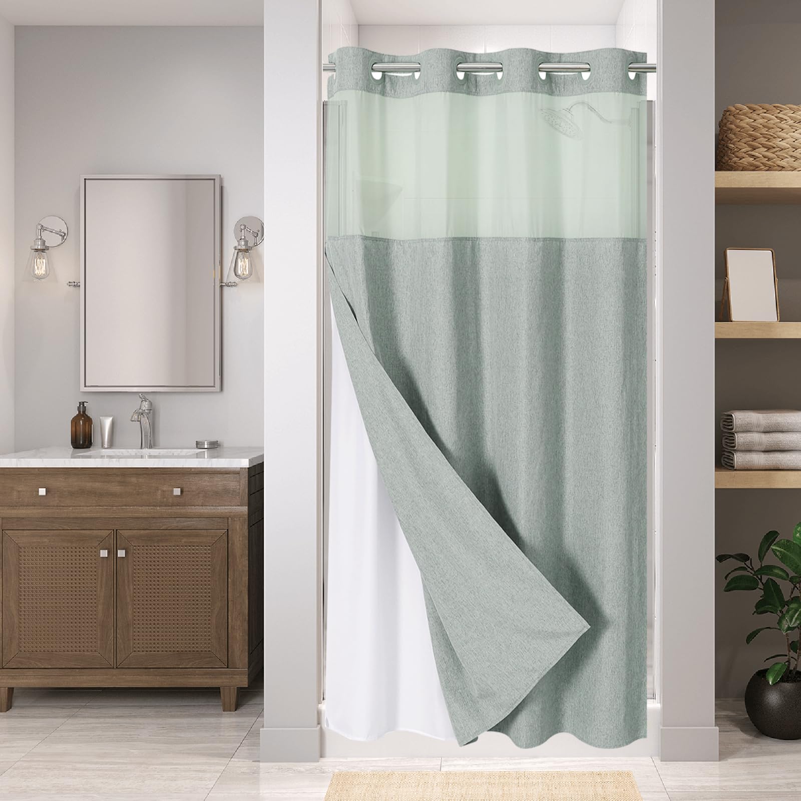 No Hooks Needed Linen Textured Shower Curtain with Snap-in Fabric Liner Set, Luxury Decor Shower Curtains for Bathroom with Mesh Top Window, Waterproof & Washable