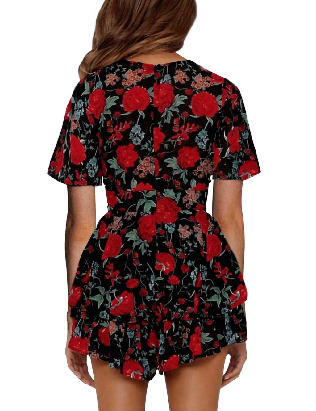 Women's Floral Rompers Jumpsuits V Neck Short Baggy Sleeve Waist Tie Double Layer Ruffle Hem Romper