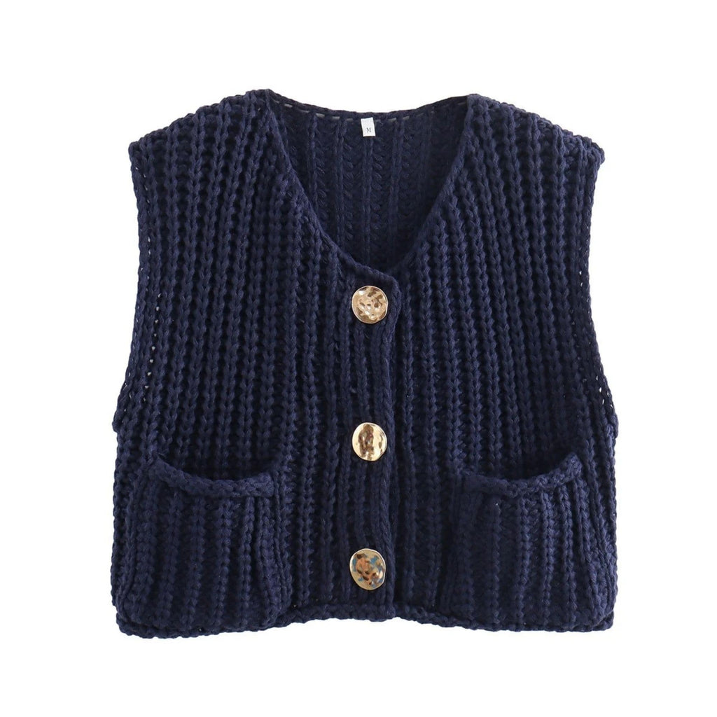Women's Cropped Sweater Vest Cute Crewneck Button Down Sleeveless Crop Knit Cardigan with Pocket