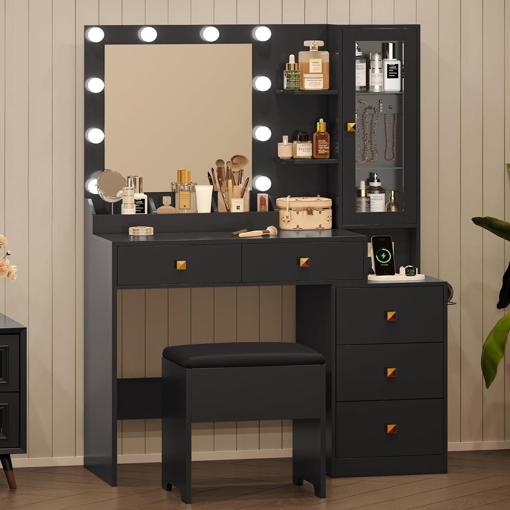 Vanity Desk with Mirror and Lights, Pink Makeup Vanity with 5 Drawers Hidden Jewelry Organizer& LED Glass Cabinet, 3 Lights Mode and Brightness Adjusted,Vanity Mirror with Lights Desk and Chair