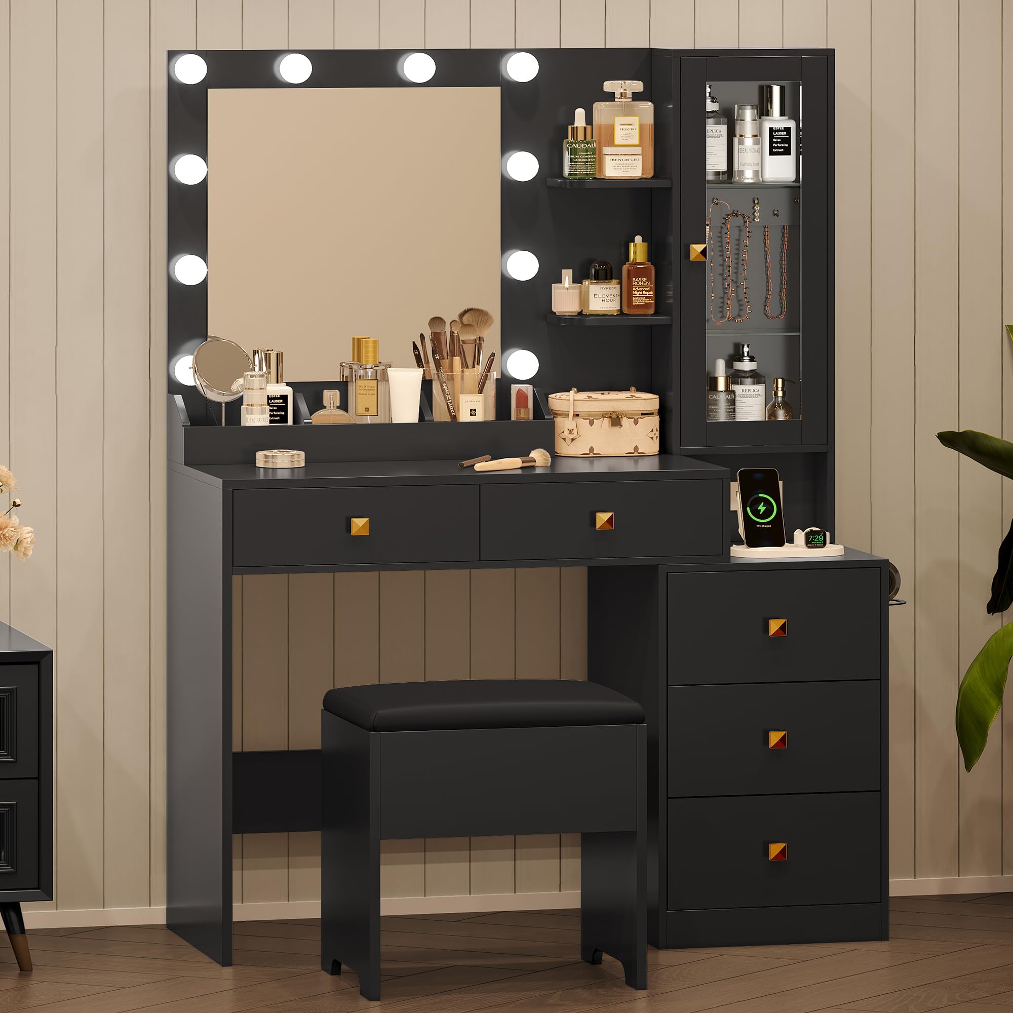 Vanity Desk with Mirror and Lights, Pink Makeup Vanity with 5 Drawers Hidden Jewelry Organizer& LED Glass Cabinet, 3 Lights Mode and Brightness Adjusted,Vanity Mirror with Lights Desk and Chair