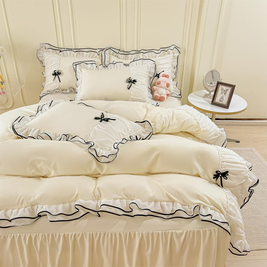 Duvet Cover Ruffle Beddding Set with Bowtie - 3 Pieces Comforter Cover Set with Zipper Closure & Pillowcase - Comforter Not Included