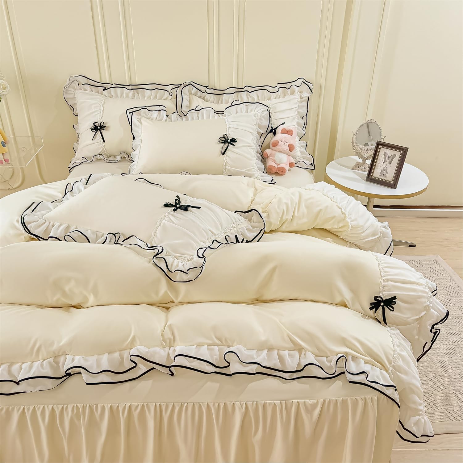 Duvet Cover Ruffle Beddding Set with Bowtie - 3 Pieces Comforter Cover Set with Zipper Closure & Pillowcase - Comforter Not Included