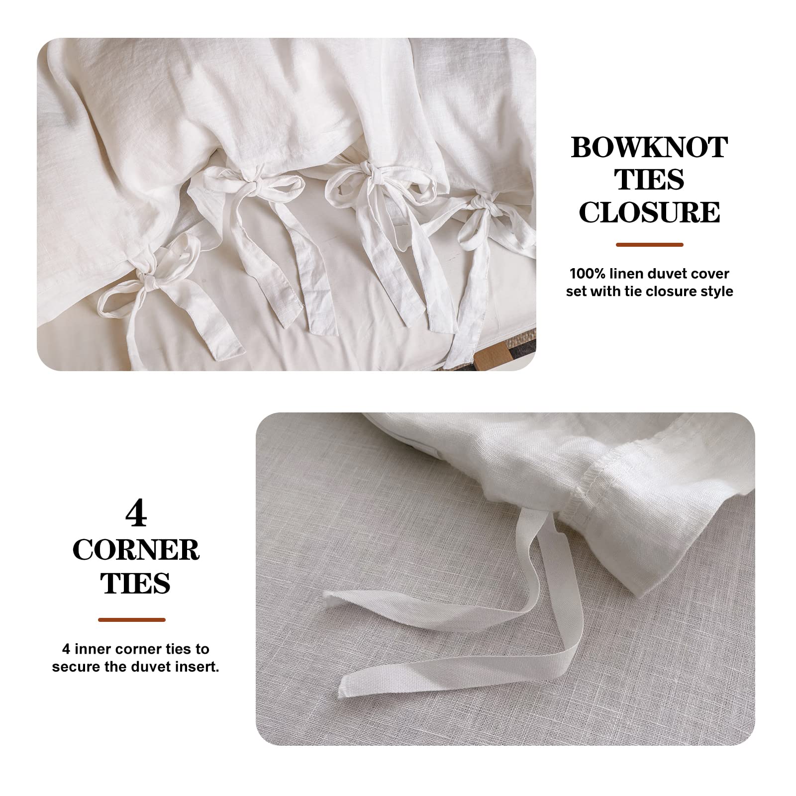 The 100% Linen Duvet Cover Set, 3 Pieces Belgian Flax Breathable Bedding,(1 Comforter Cover+2 Pillowshams) with Tie Closure Style