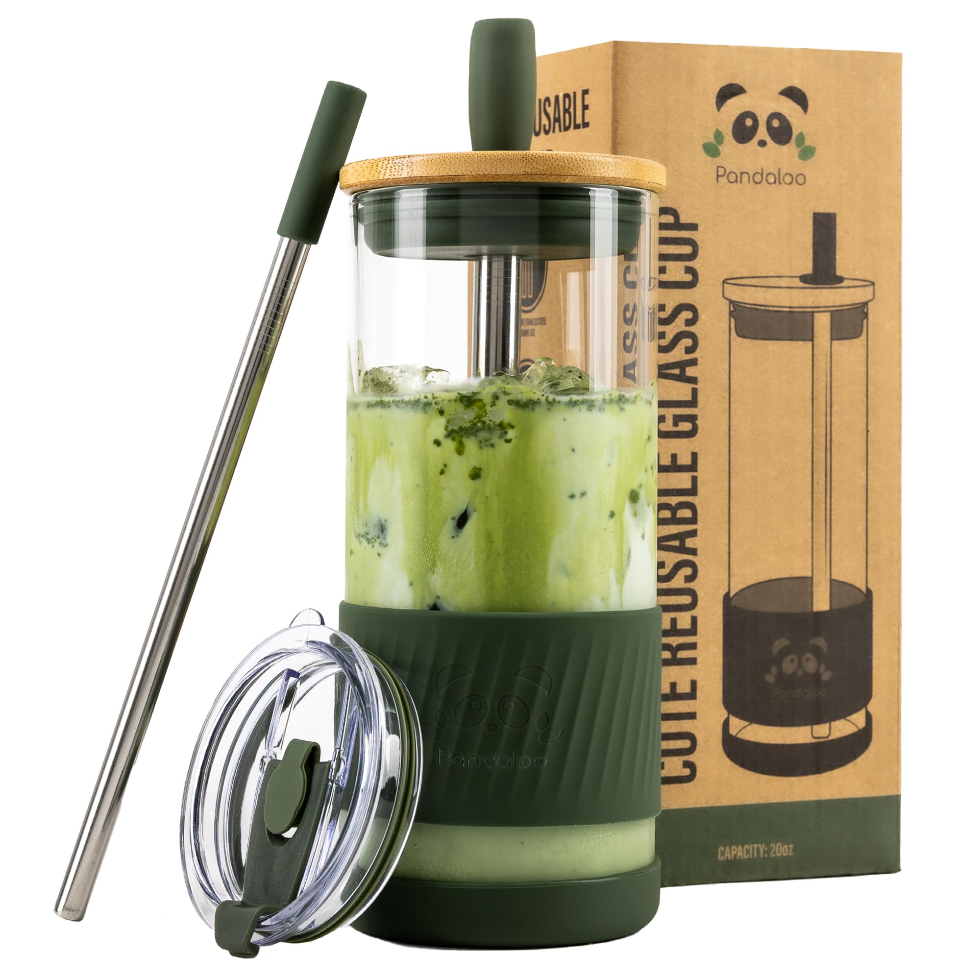 Pandaloo® Glass Cups With Lids and Straws -20 Fl Oz- Perfect Size Iced Coffee Cup - Smoothie Cup With Bamboo Lid and On the go Lid - Glass Tumbler With Straw