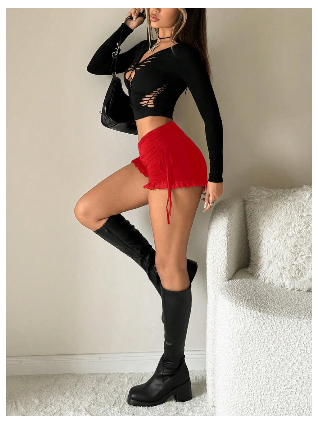 Women's Side Drawstring Lace Ruffle Shorts Y2K Ruched Low Rise Mini Stretchy Slim Fit Micro Shorts