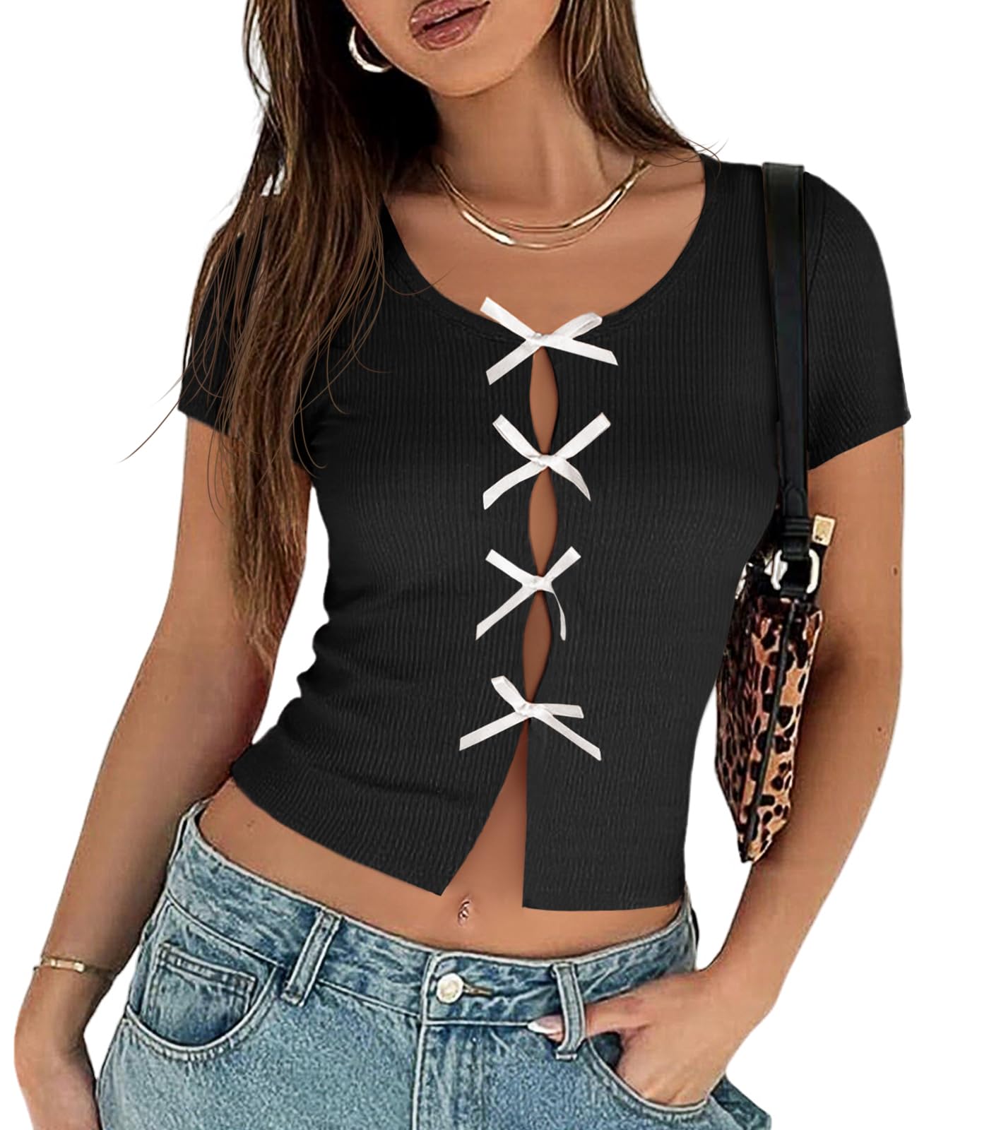 Cropped Bow Tops Y2k  Short Sleeve Fitted Shirts - Coquette Crew Neck Ribbed Knit Tee