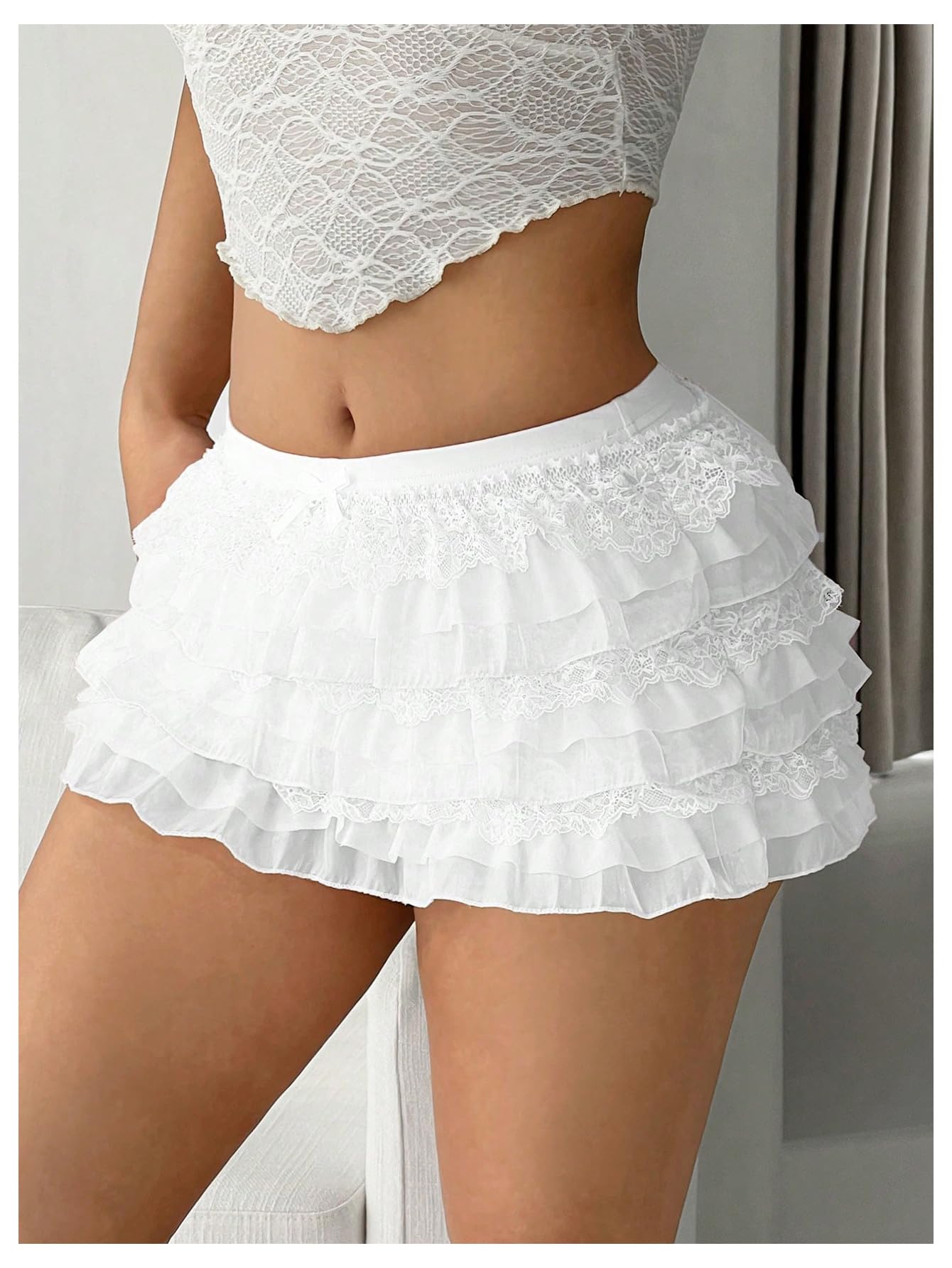 Women's Bow Mini Shorts Low Rise Lace Layered Ruffle Shorts Cute Lolita Bloomers