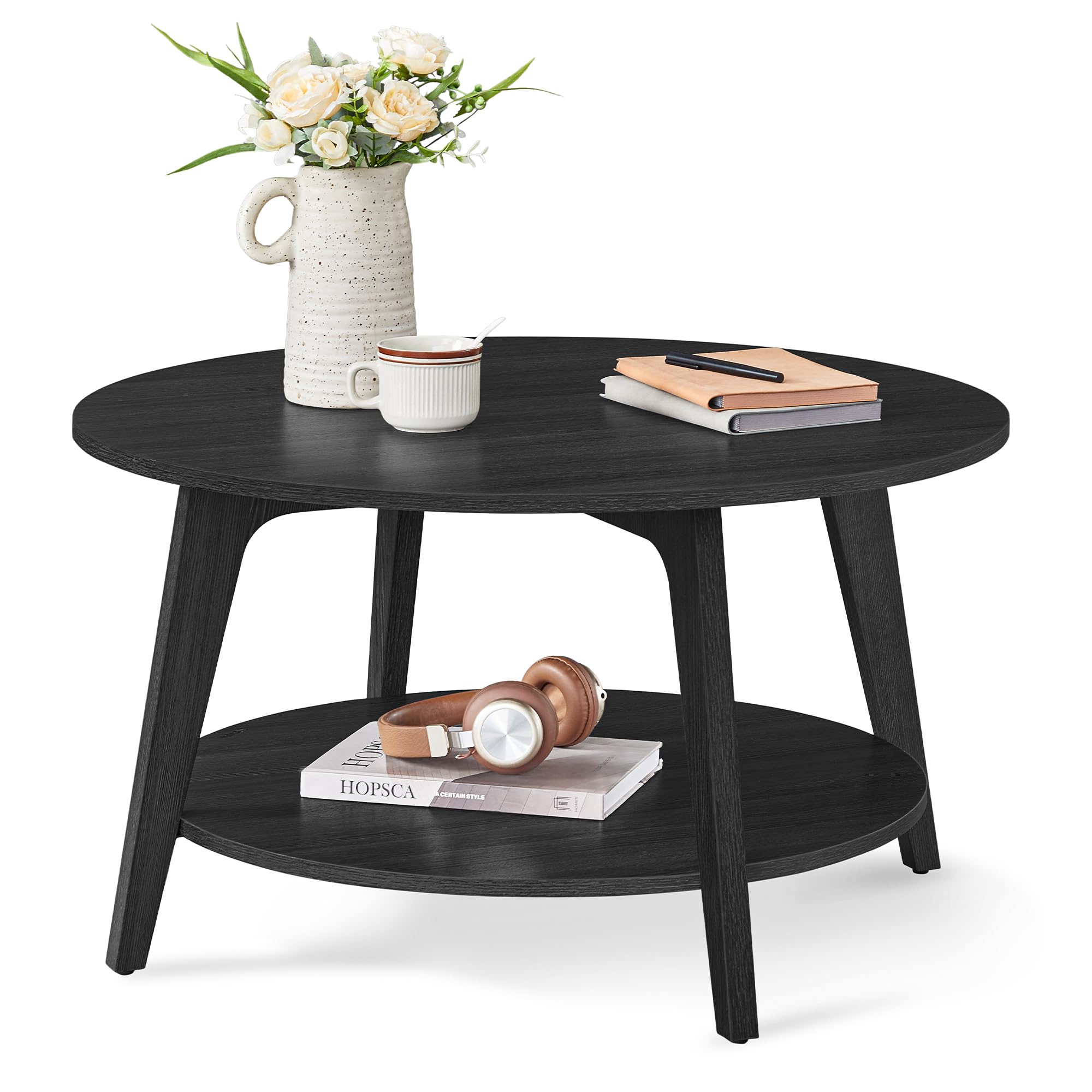 Round Coffee Table, 2 Tier Coffee Table with Storage, for Living Room, 31.5 x 17.7 Inches, Easy to Assemble