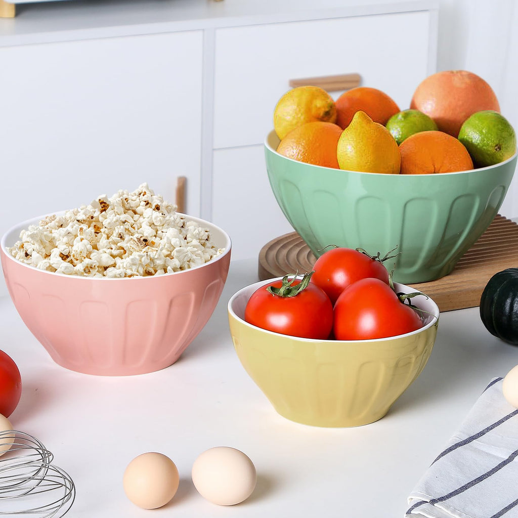 Ceramic Mixing Bowls for Kitchen, 3-Piece Large Colorful Serving Bowls, 3.13/1.68/1.18 Qt Deep Microwaveable Nesting Bowl, Stackable and Functional