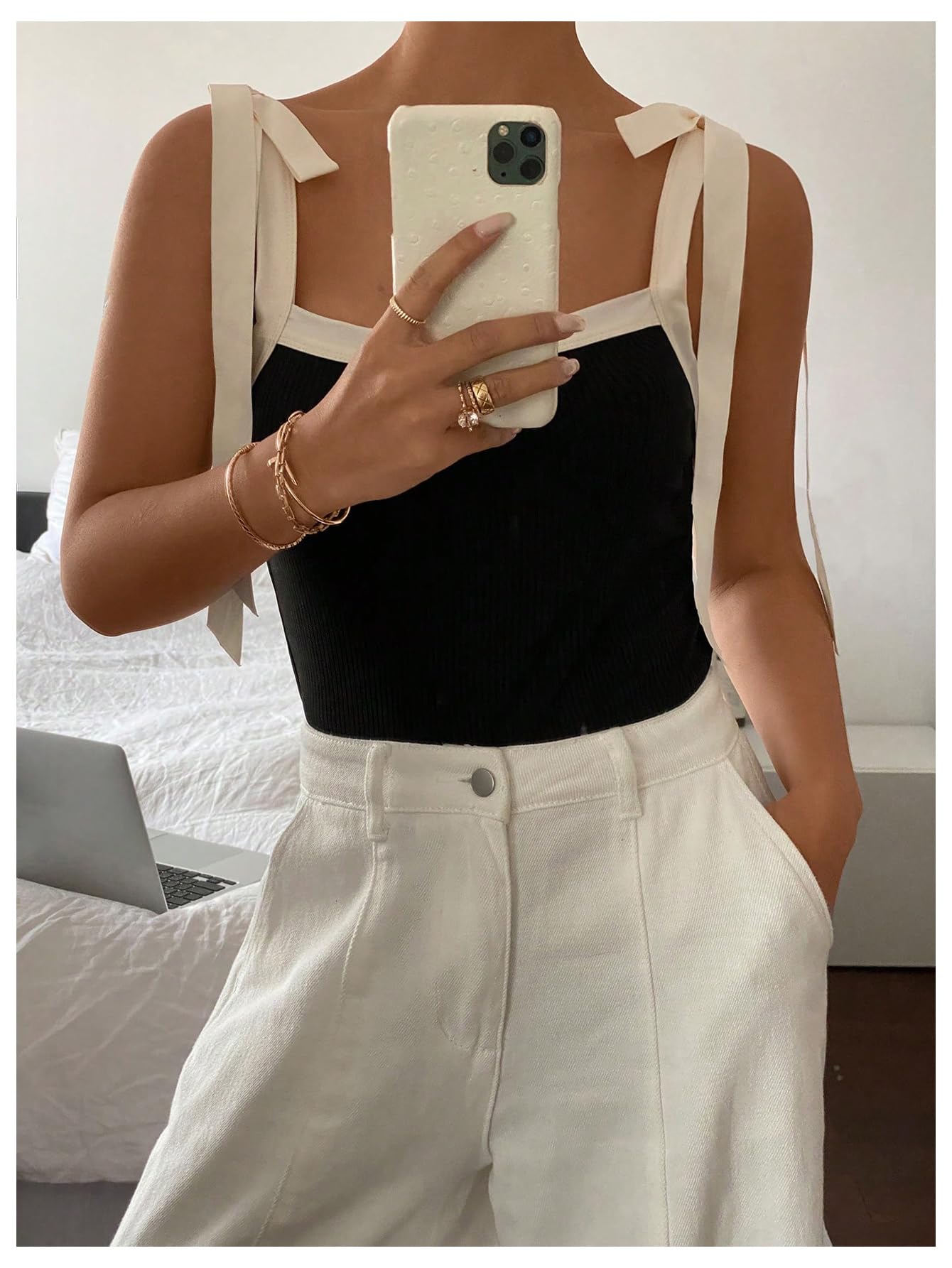 Women's Coquette Bow Tie Shoulder Tank Tops Backless Fitted Crop Tops