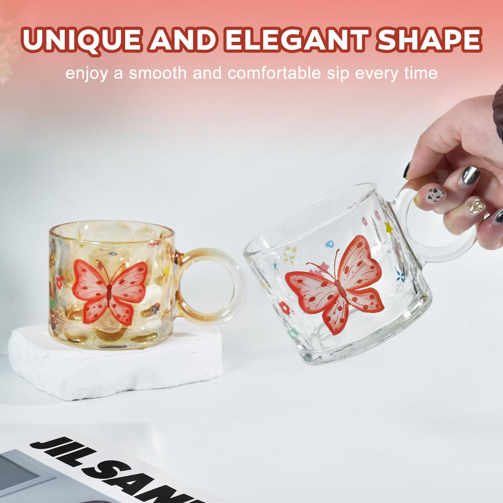 Glass Butterfly l Mugs, 10oz lUnique Glass Cup with Handle