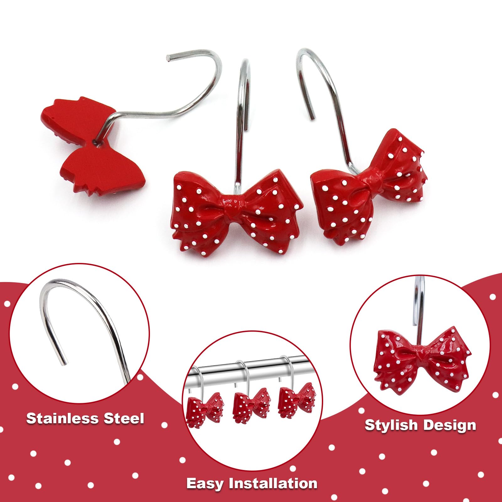 Decorative l Cute Bow Knot Polka Dots Shower Curtain Rings Decor Resin 12 Pcs