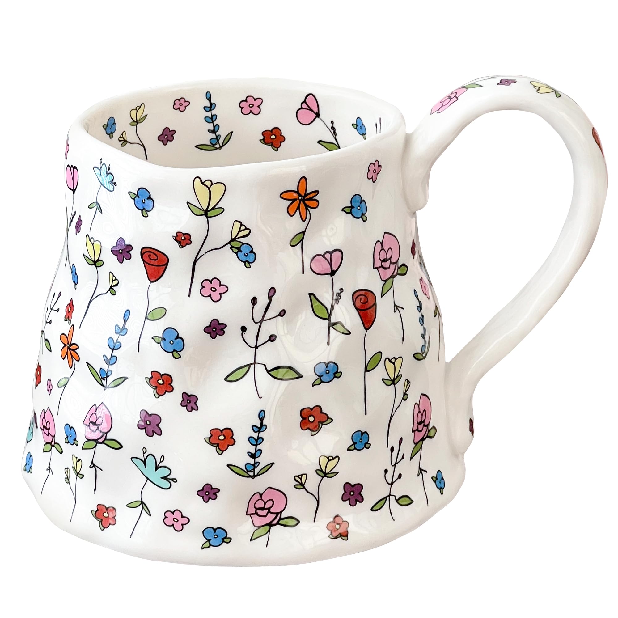 Large Ceramic Coffee Mug Pink Cute Flower with Handmade Big Handle, 20oz Girly Floral Tea Cup, Novelty Irregular Oversized Mugs