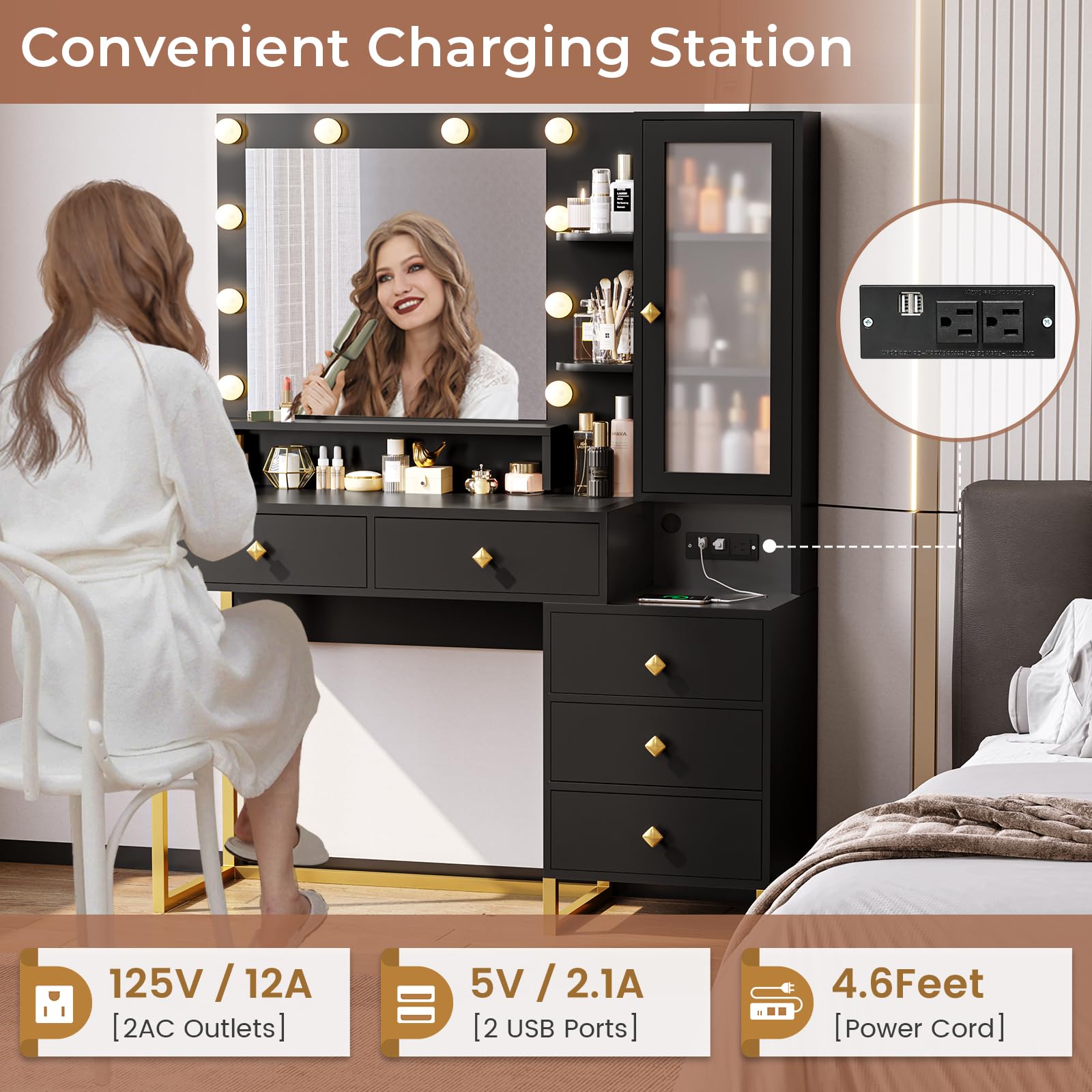 Vanity Desk with Mirror and Lights & Charging Station, White Vanity Table with 5 Storage Drawer & Glass Door & 3 Shelves