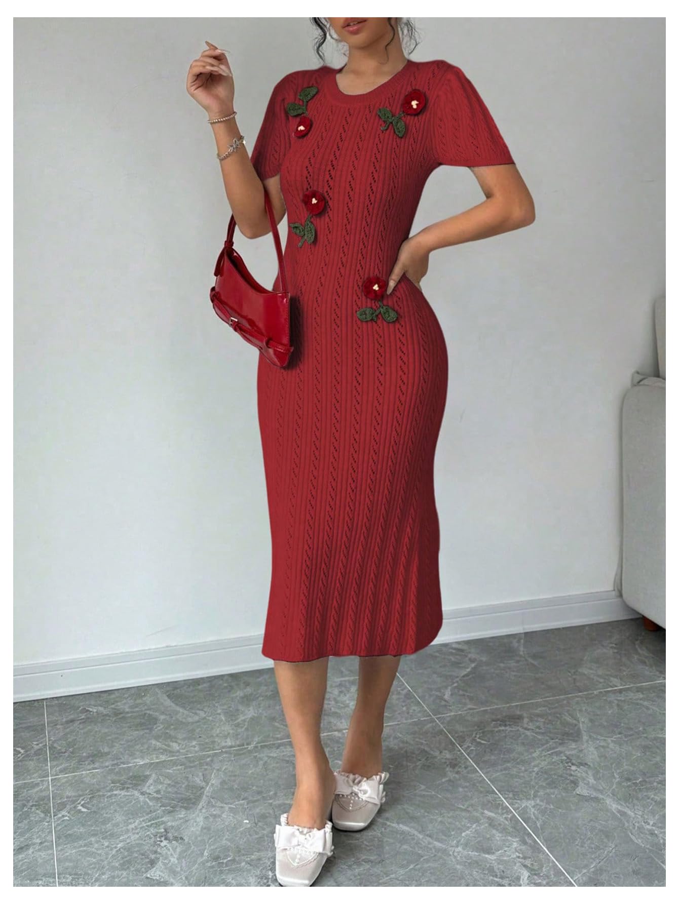 Women's 3D Flower Sweater Dress Crochet Short Sleeve Bodycon Mini Dresses