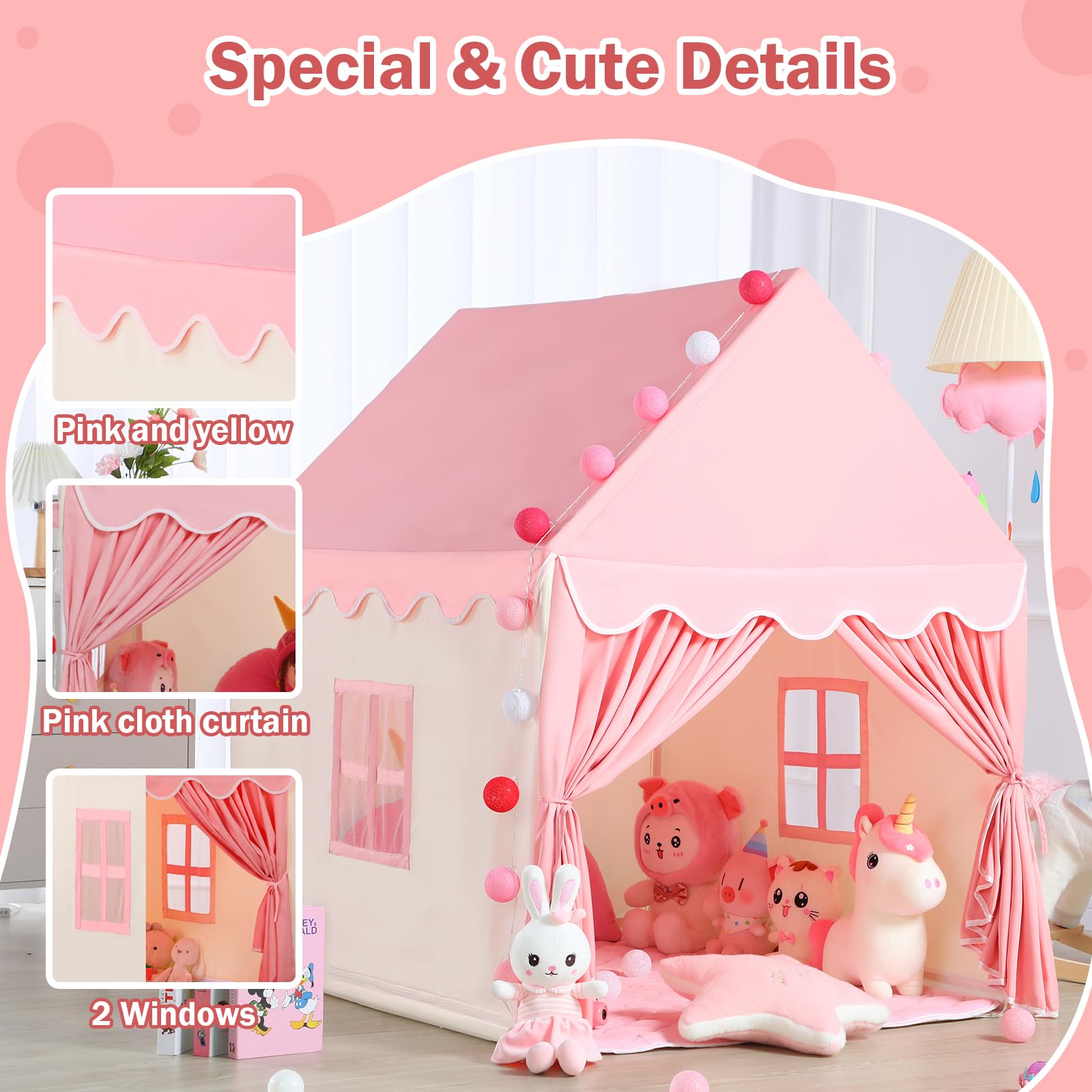 Kid Tent with Mat, Star Lights - Kids Play Tents for Toddlers Kids Tents Indoor Playhouse - Princess Tent for Girls Toy House