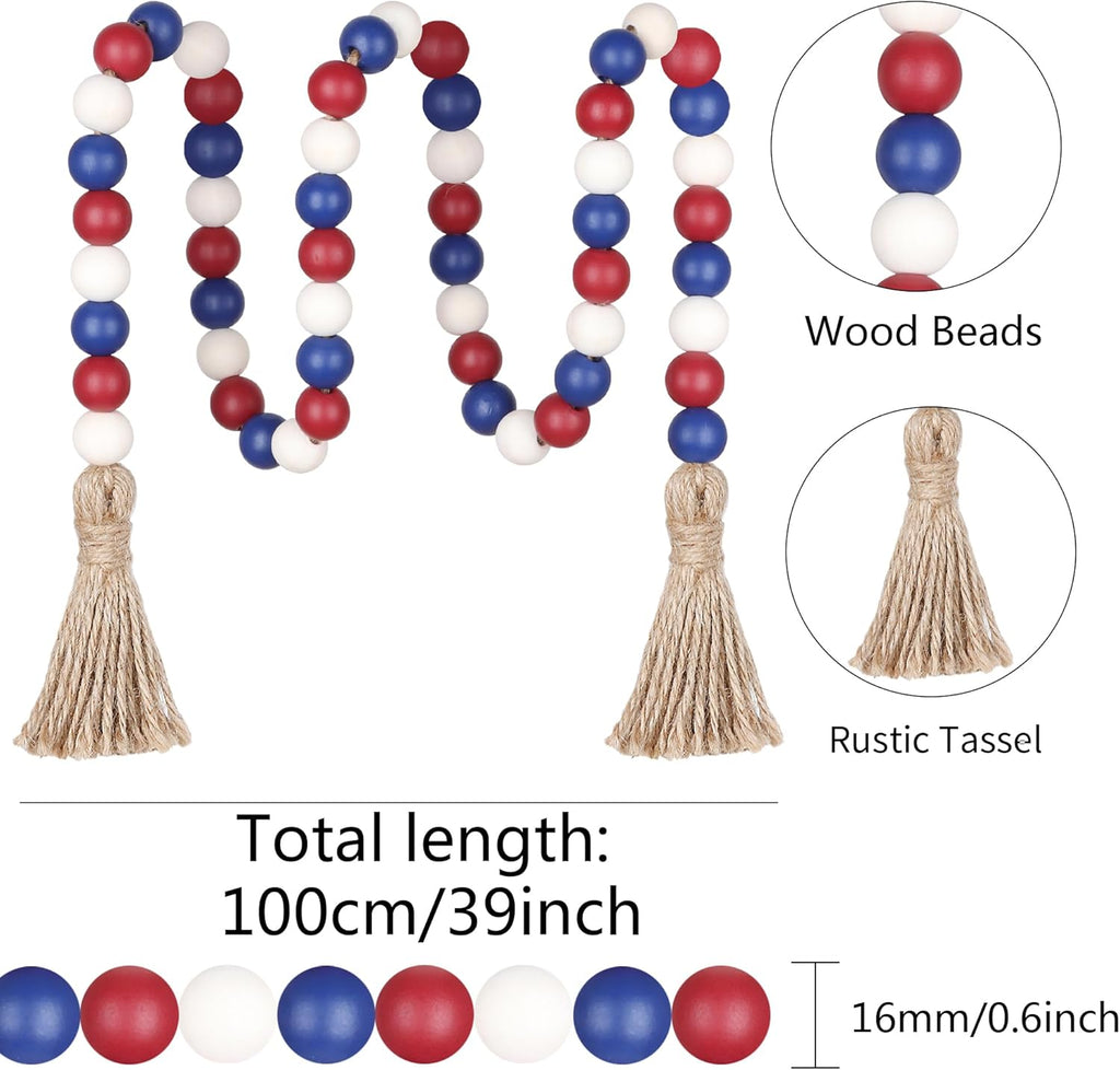 Wood Bead Garland,39in Farmhouse Beads with Tassels Boho Beads for Tiered Tray Decorative Beads Home Decor