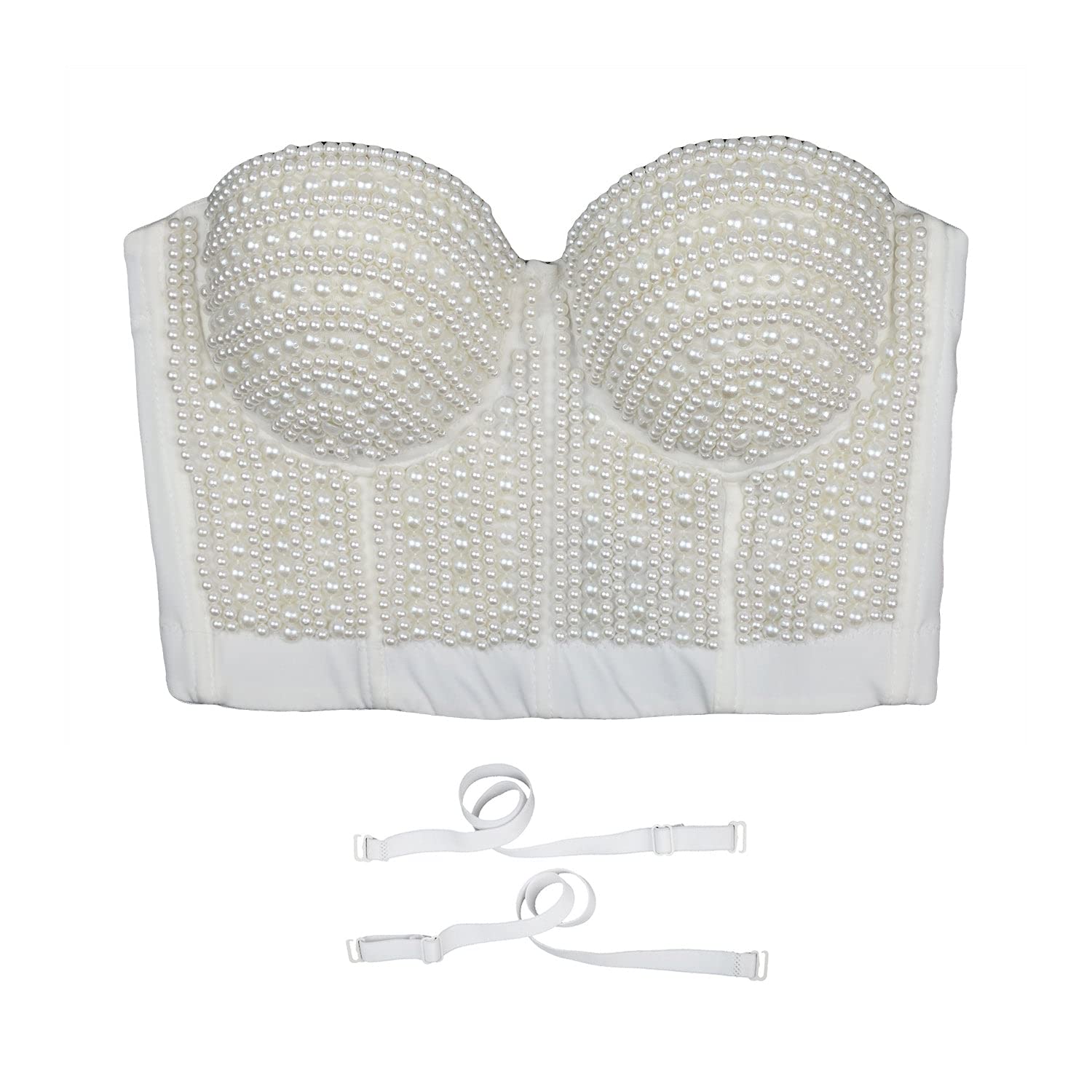 ELLACCI Woment's Pearls Beaded Bustier Crop Top Club Party Sexy Corset Top Bra White