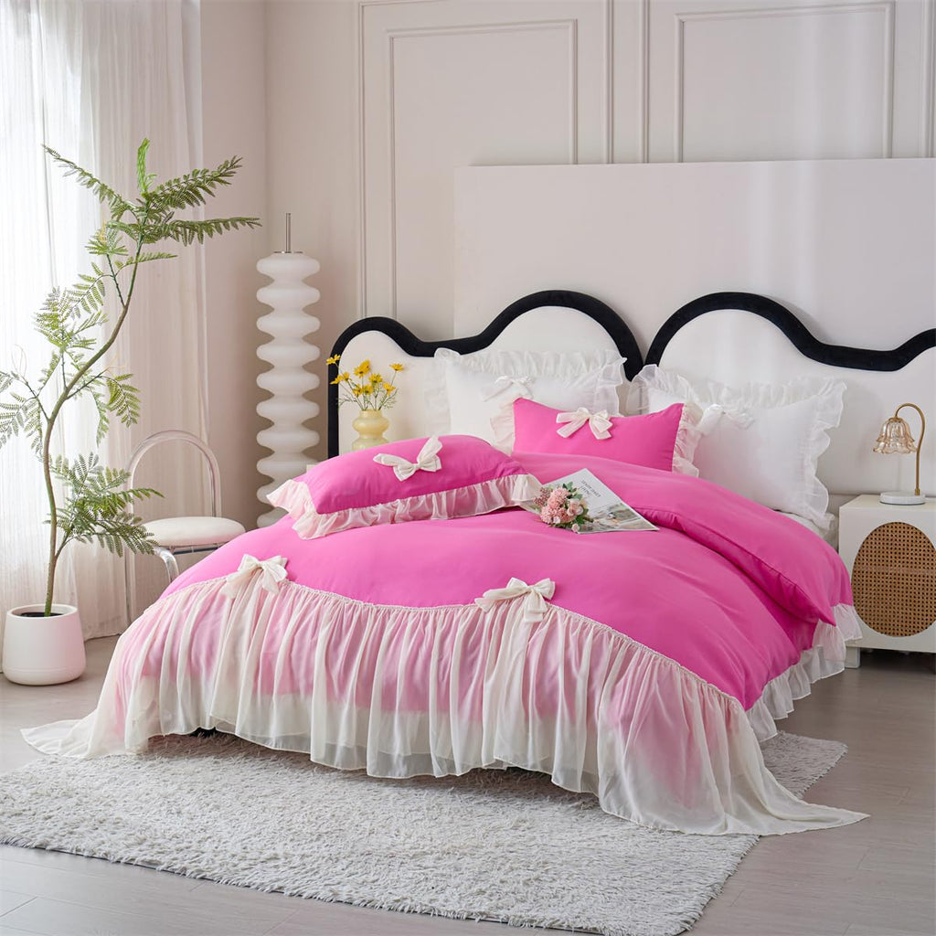 Ruffle Duvet Cover Bedding Set with Bowtie, 2 Pieces Comforter Cover Set with Zipper Closure with Pillowcase