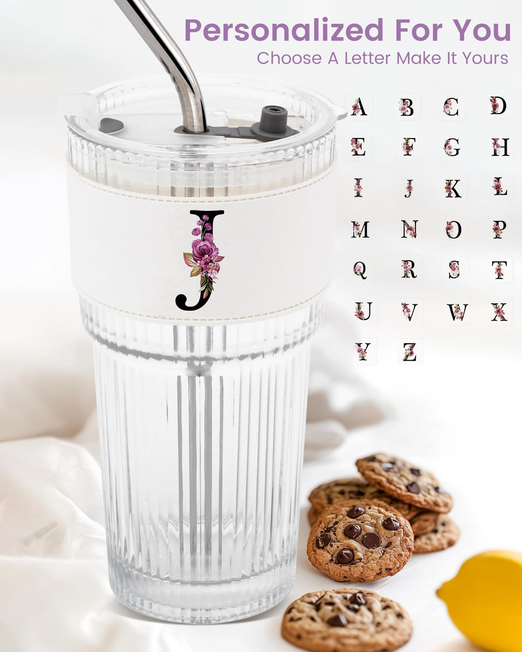 Initial Glass Cup with Lid Straw Ribbed Ice Tea Clear Tumbler Her Sister Coffee Matcha Latte Girlfriend Gf Aunt Best Friend Friendship Bestie Wife Cute Asthetic Unique Birthday Personalized Gift K