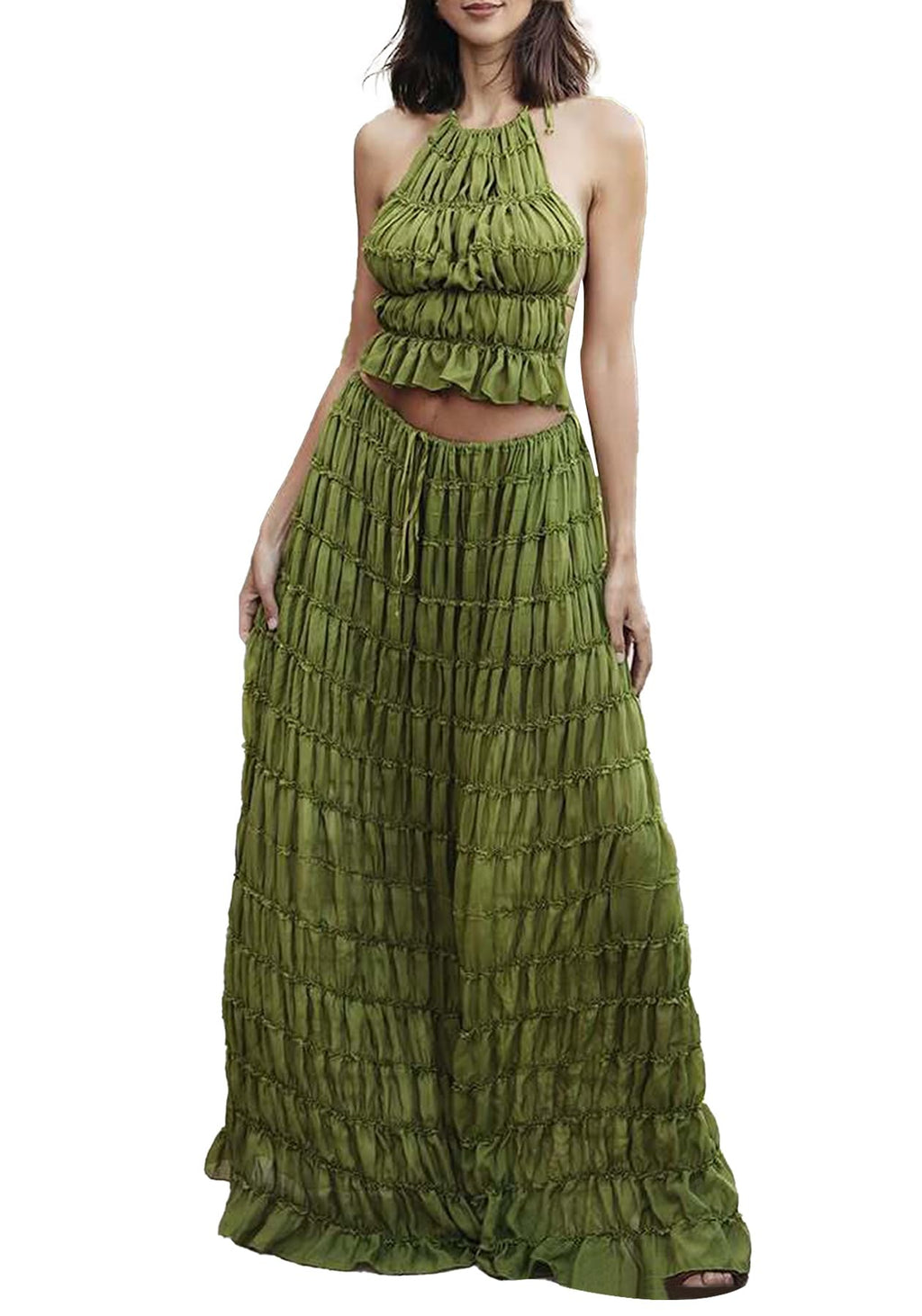 Skirt Sets Women 2 Piece Outfits Backless Halter Top And Pleated Ruffle Flowy Maxi Skirts Y2k Beach Vacation Set