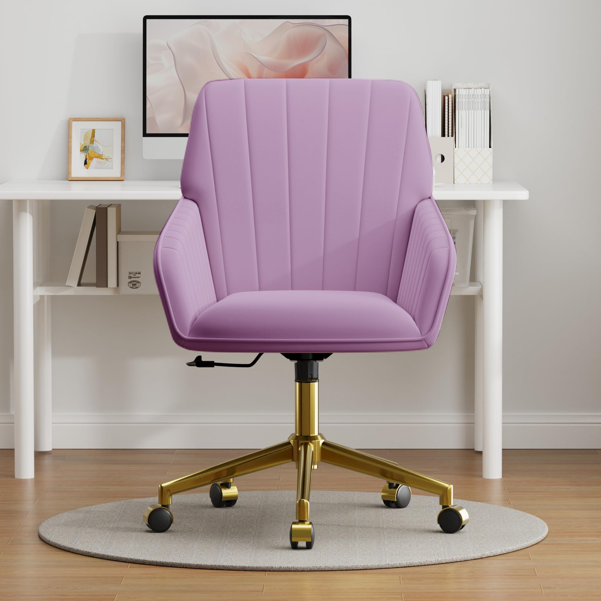 Velvet Modern Cute Chair with Back, Height Adjustable Upholstered Vanity Chair with Swivel Wheels
