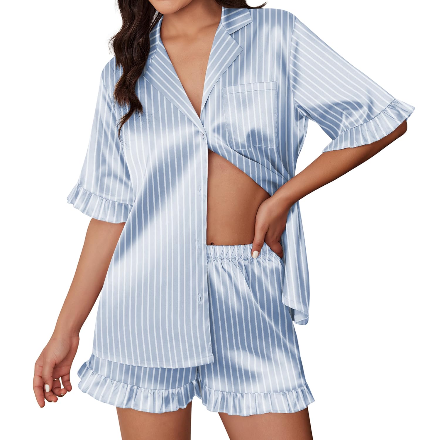 Womens Satin Pajamas Cute Ruffle Sleeve Printed Sleepwear Button Down Silk Pjs Set